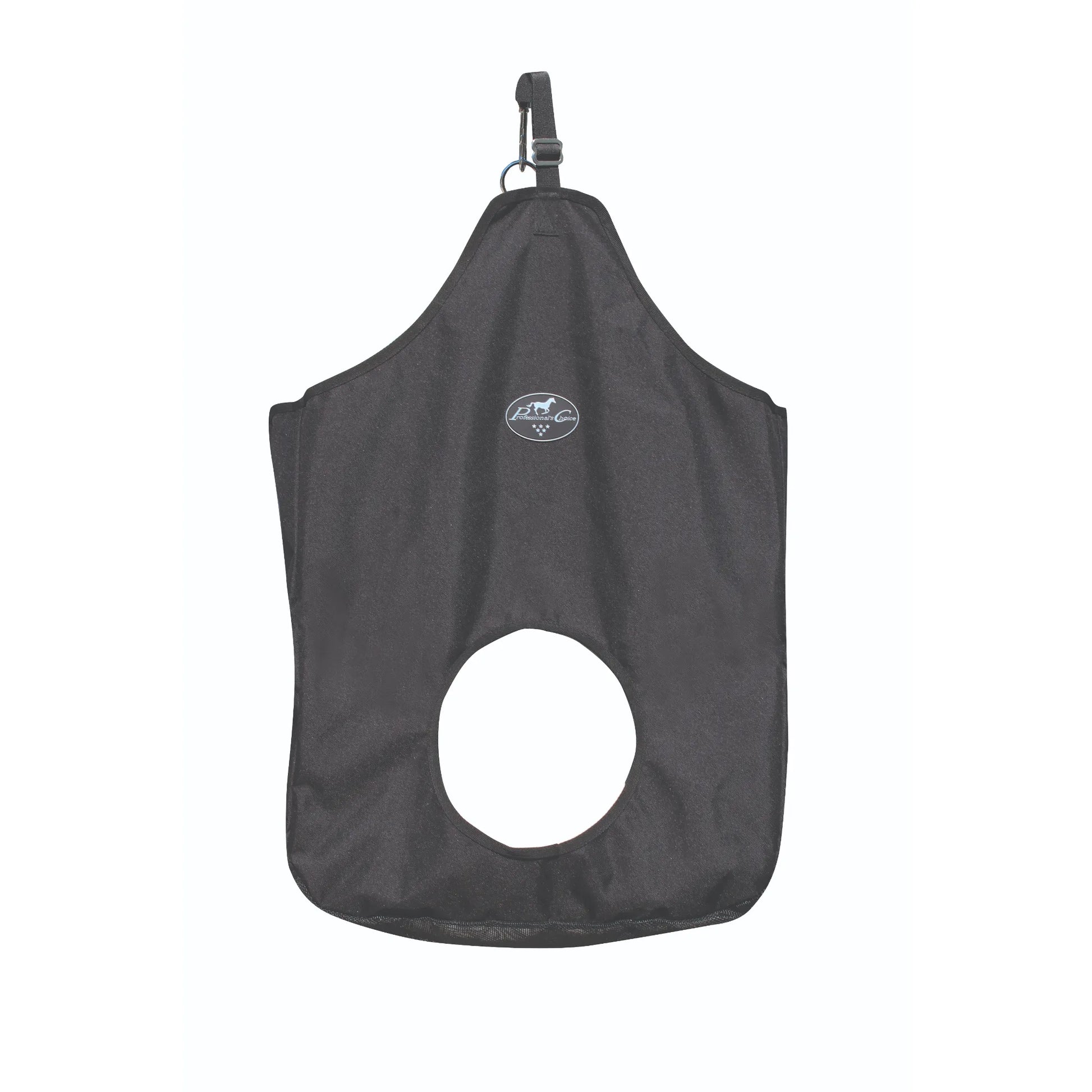 Professional's Choice black hay bag for horses, featuring a durable, heavy-duty design with a central circular feeding hole to reduce waste. This equestrian feeding accessory includes an adjustable hanging strap with a sturdy buckle, making it ideal for use in stalls or horse trailers. The contoured shape and mesh bottom provide ventilation and convenience for horse owners looking for high-quality slow-feeding equipment.