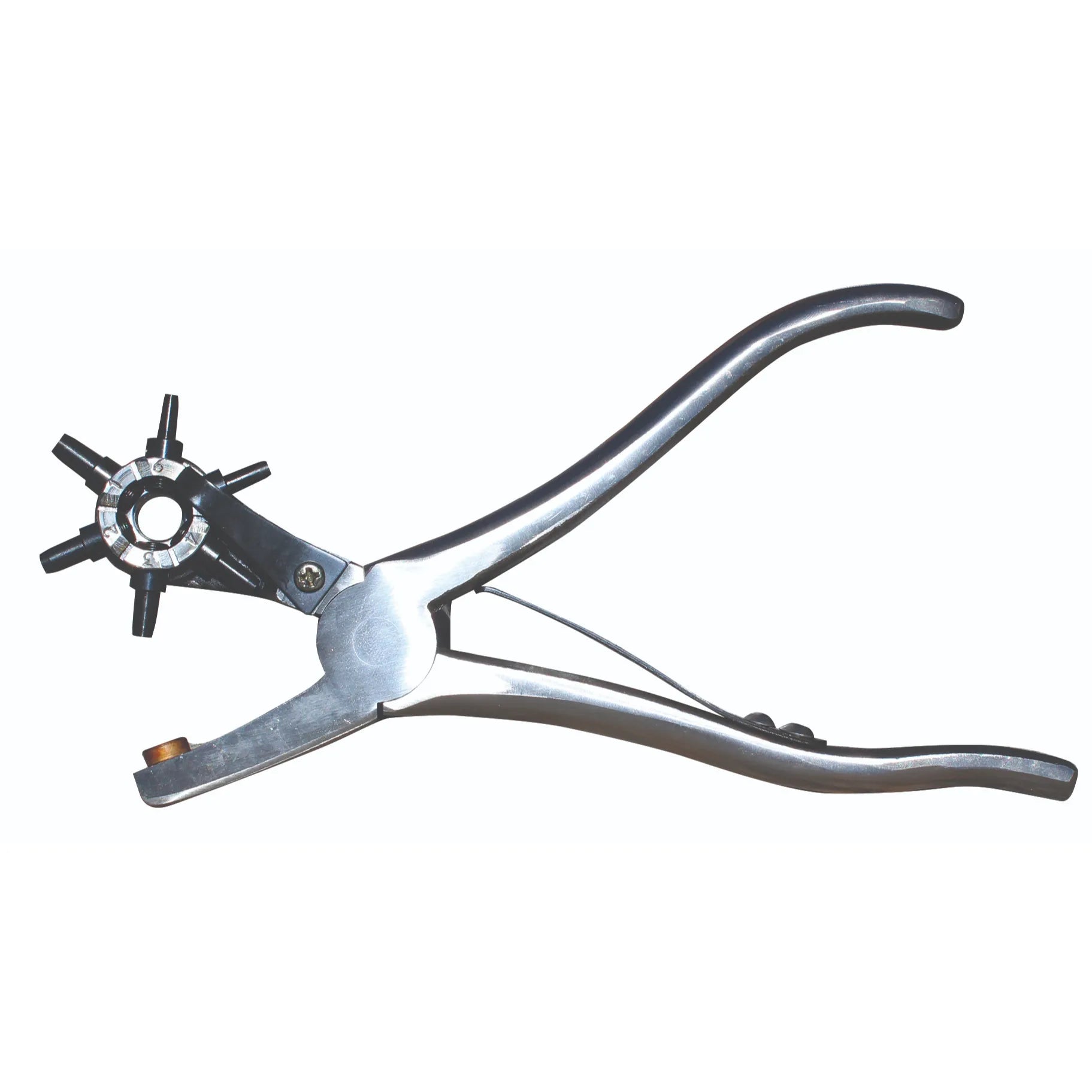 Professionals Choice Heavy Duty Leather Punch featuring a polished steel revolving head with six different punch sizes. This high-quality leathercraft tool includes ergonomic handles and a durable brass anvil for clean, precise cuts. Perfect for DIY leather projects, belt repairs, and horse tack maintenance, this professional-grade hole puncher is a versatile and essential addition to any craft kit or workshop.