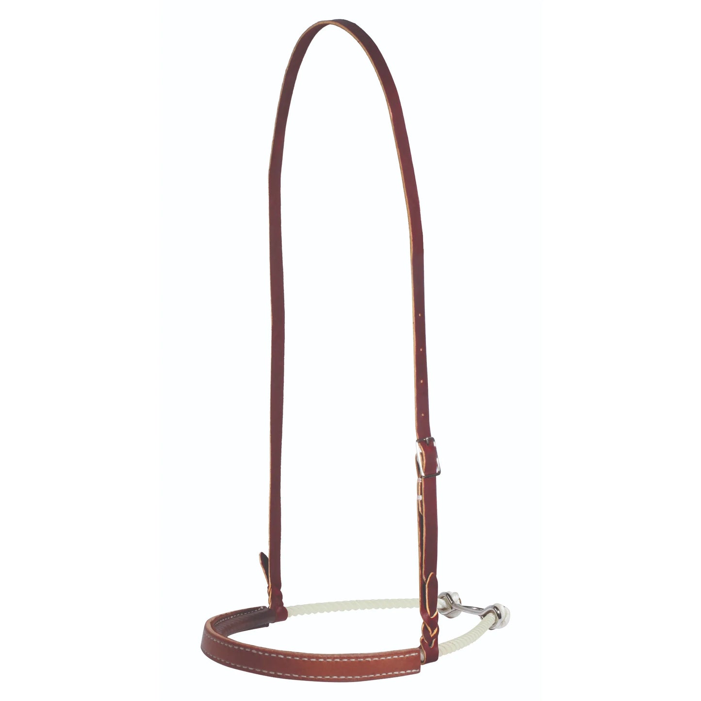 Professional's Choice Lariat Rope Noseband 8148 featuring premium chestnut leather with white stitching and an adjustable headstall. This durable western training noseband uses a stiff lariat rope for precise cues, complete with a leather-covered bridge for horse comfort and polished silver hardware. High-quality professional-grade tack perfect for western riders seeking style and functionality in their equestrian equipment.