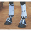 Professional's Choice Magnetic Bell Boots in black with white trim, designed for equine hoof healing and protection. These therapeutic horse boots feature a secure velcro closure and are shown on a horse's front hooves along with white leg wraps. Ideal for injury recovery and everyday equestrian performance, these durable bell boots are essential horse tack for maintaining hoof health and preventing overreach injuries.