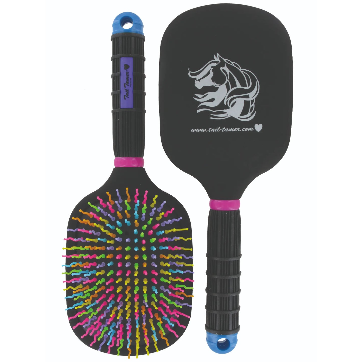 Professional's Choice Tail Tamer Mod Paddle Brush for horse grooming. This black paddle brush features vibrant, wavy rainbow detangling bristles and a stylish white horse logo on the reverse side. Designed with an ergonomic ribbed handle, hot pink accents, and a blue end cap with a hanging hole. Perfect for detangling manes and tails, this professional equestrian brush combines durable functionality with a fun, colorful aesthetic for horse owners.