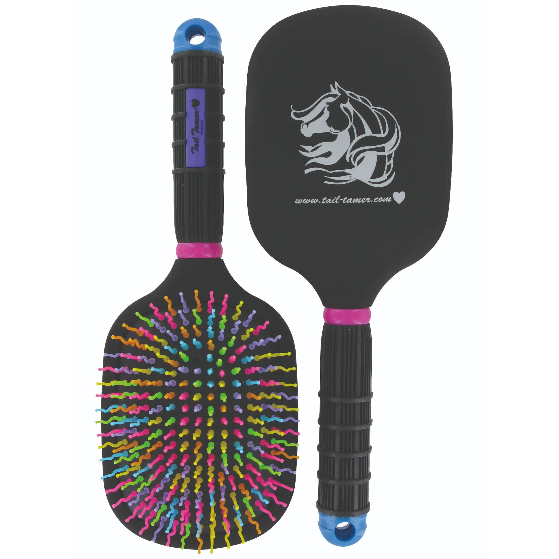 Professional's Choice Tail Tamer Mod Paddle Brush for horse grooming. This black paddle brush features vibrant, wavy rainbow detangling bristles and a stylish white horse logo on the reverse side. Designed with an ergonomic ribbed handle, hot pink accents, and a blue end cap with a hanging hole. Perfect for detangling manes and tails, this professional equestrian brush combines durable functionality with a fun, colorful aesthetic for horse owners.