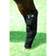 Black Professionals Choice Nine Pocket Ice Boots secured on a horse's leg for cooling therapy. These tall equestrian ice boots feature nine individual pockets to hold ice and multiple adjustable hook-and-loop straps for a customized, snug fit from hock to fetlock. Essential equine leg care for reducing heat and inflammation after exercise. Includes a small American flag patch and the Professional's Choice logo.