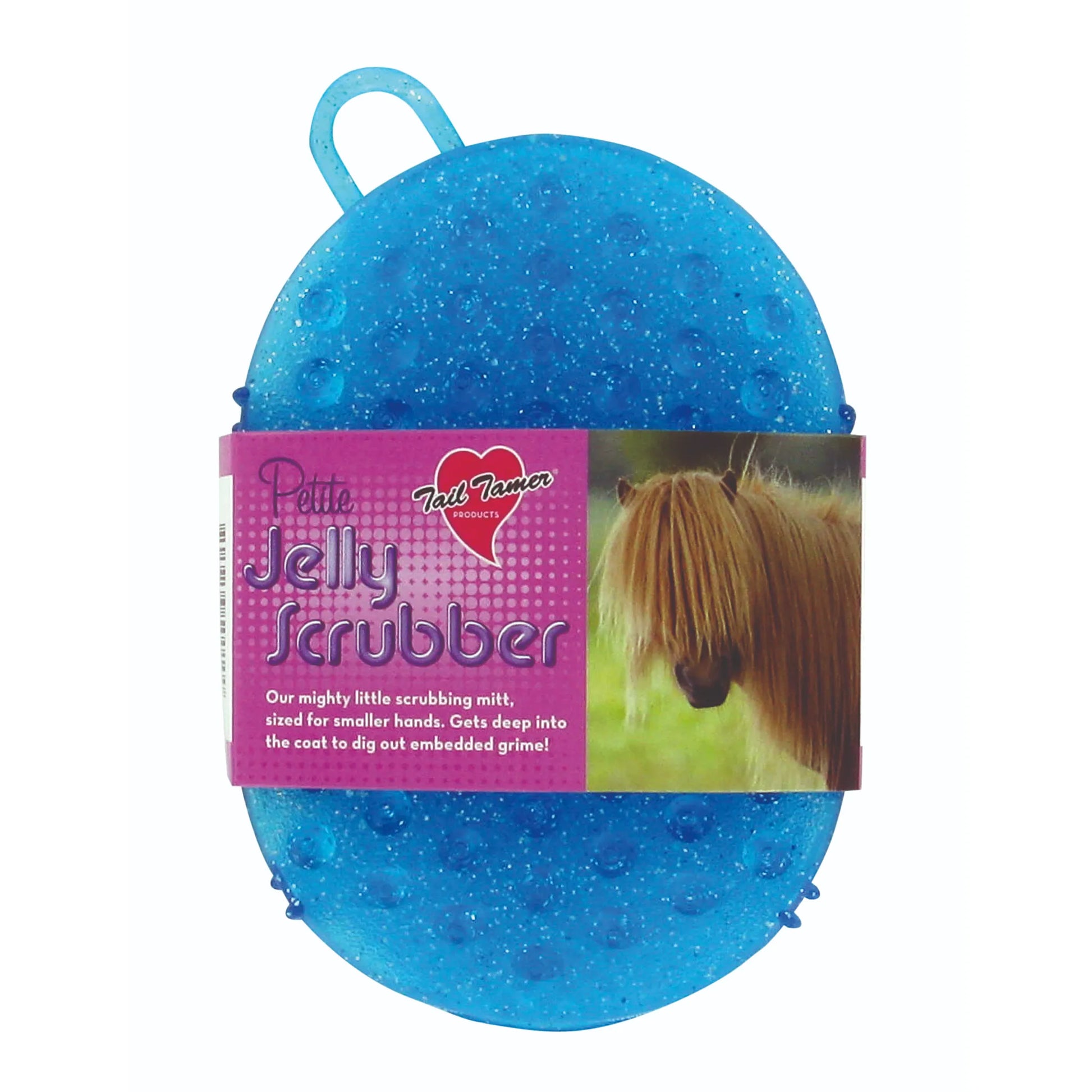 Professionals Choice Petite Jelly Scrub in sparkly blue, featuring Tail Tamer branding. This compact jelly grooming mitt is sized for smaller hands with a nubby texture to deep clean horse coats and remove embedded dirt. Perfect for grooming ponies and miniature horses, this durable scrubber includes a finger loop handle and is an essential tool for any horse bathing kit.