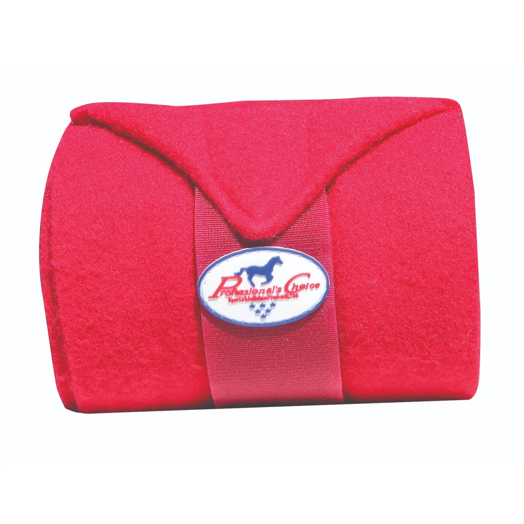 Professional's Choice red fleece polo wrap, neatly rolled for horse leg support and protection. These high-quality equestrian leg bandages are crafted from soft, durable fleece and feature a secure Velcro closure with the signature blue horse logo. Perfect for exercise, training, and stable use, these vibrant red polo wraps are a stylish and functional addition to any horse's gear collection.