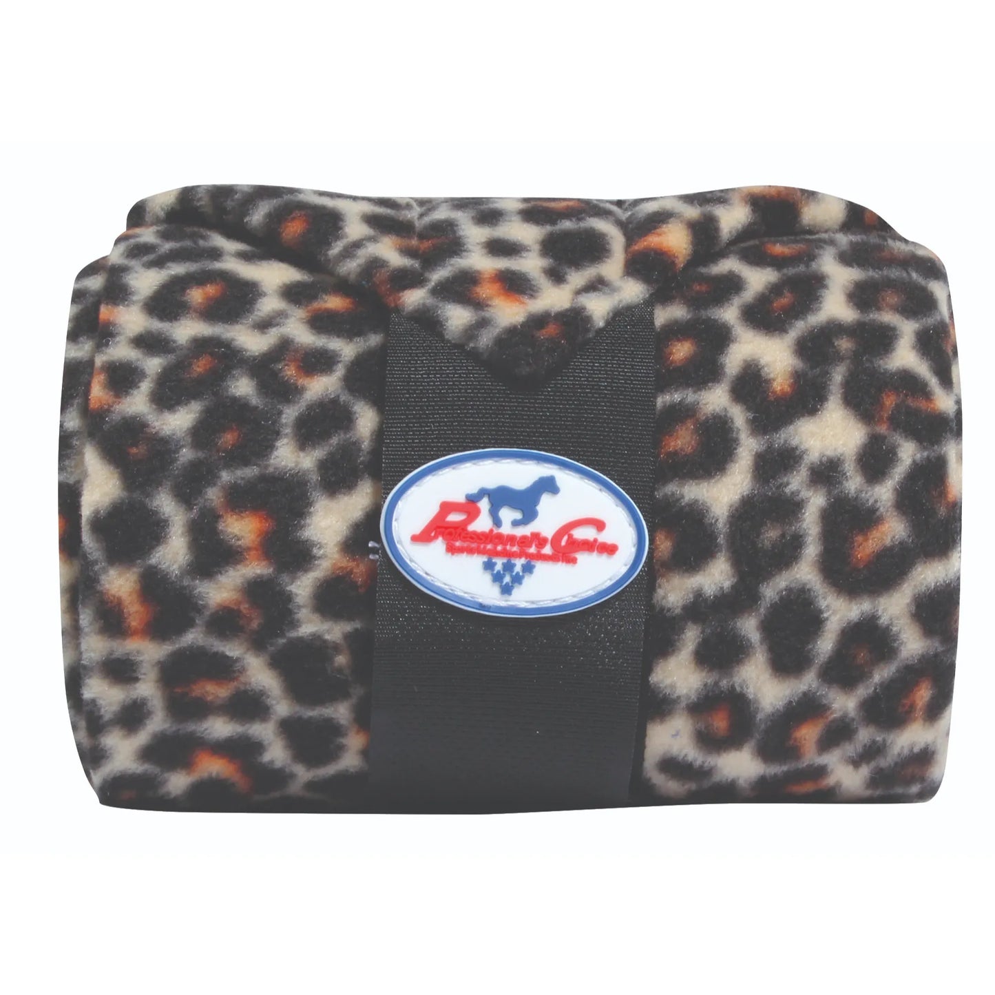 Professional's Choice Polo Wraps in a bold leopard print, crafted from superior high-quality fleece for ultimate horse leg support and protection. These equestrian bandages feature a secure black velcro closure with the iconic blue and red Professional's Choice logo. Ideal for horse owners seeking stylish yet functional leopard-patterned leg wraps for training, dressage, or trail riding. A must-have animal print equestrian accessory for protecting horse tendons and ligaments.