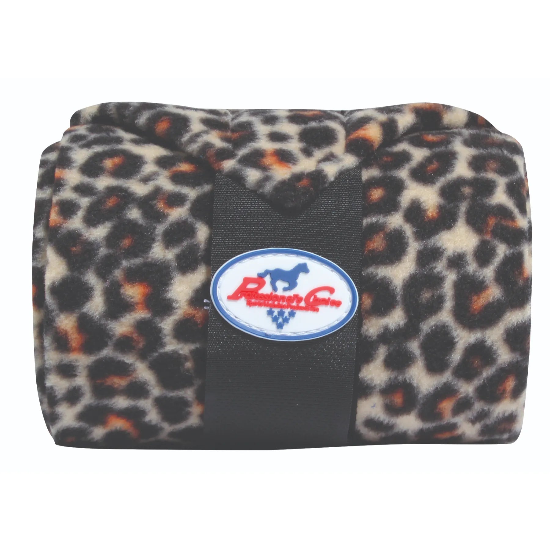 Professional's Choice Polo Wraps in a bold leopard print, crafted from superior high-quality fleece for ultimate horse leg support and protection. These equestrian bandages feature a secure black velcro closure with the iconic blue and red Professional's Choice logo. Ideal for horse owners seeking stylish yet functional leopard-patterned leg wraps for training, dressage, or trail riding. A must-have animal print equestrian accessory for protecting horse tendons and ligaments.