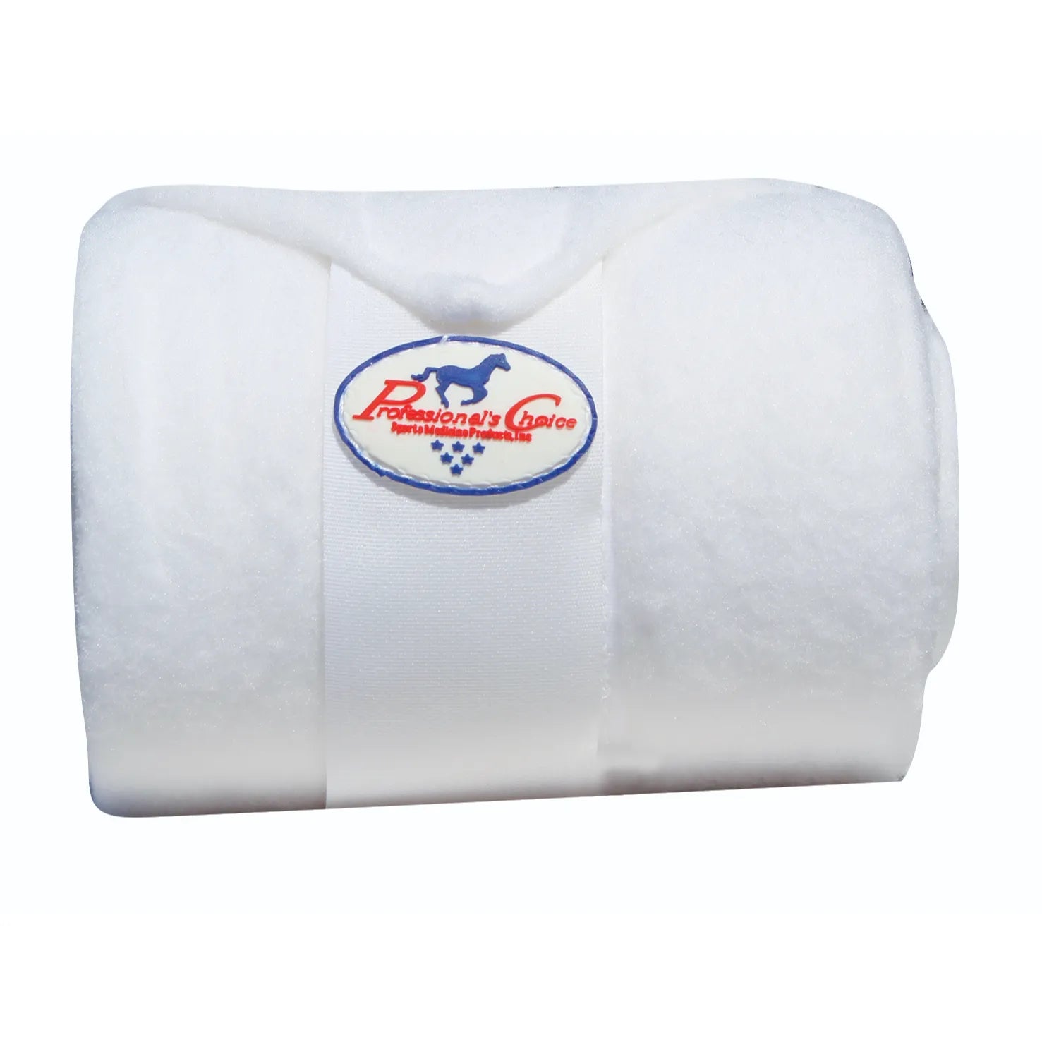 White Professional's Choice Polo Wrap made of superior, plush fleece for premium horse leg support and protection. This rolled-up equestrian leg bandage features a secure Velcro closure with the signature red and blue brand logo. Perfect for schooling, training, and equine sports medicine, these high-quality white polo wraps offer comfort and shock absorption for your horse's legs.
