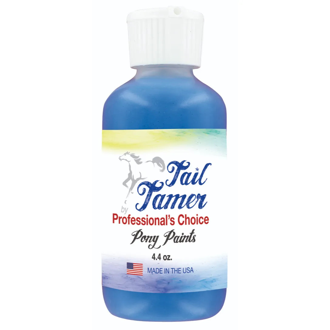 Tail Tamer Pony Paints by Professional’s Choice in vibrant blue, 4.4 oz bottle. This temporary horse hair paint is perfect for pony parties, parades, and creative equine grooming. Features a white flip-top cap and a label with a galloping horse silhouette. Safe and easy-to-use equine body paint for decorating tails and coats. Made in the USA, this bold blue paint helps you unleash your pony’s creativity for horse shows, photoshoots, or fun at home.