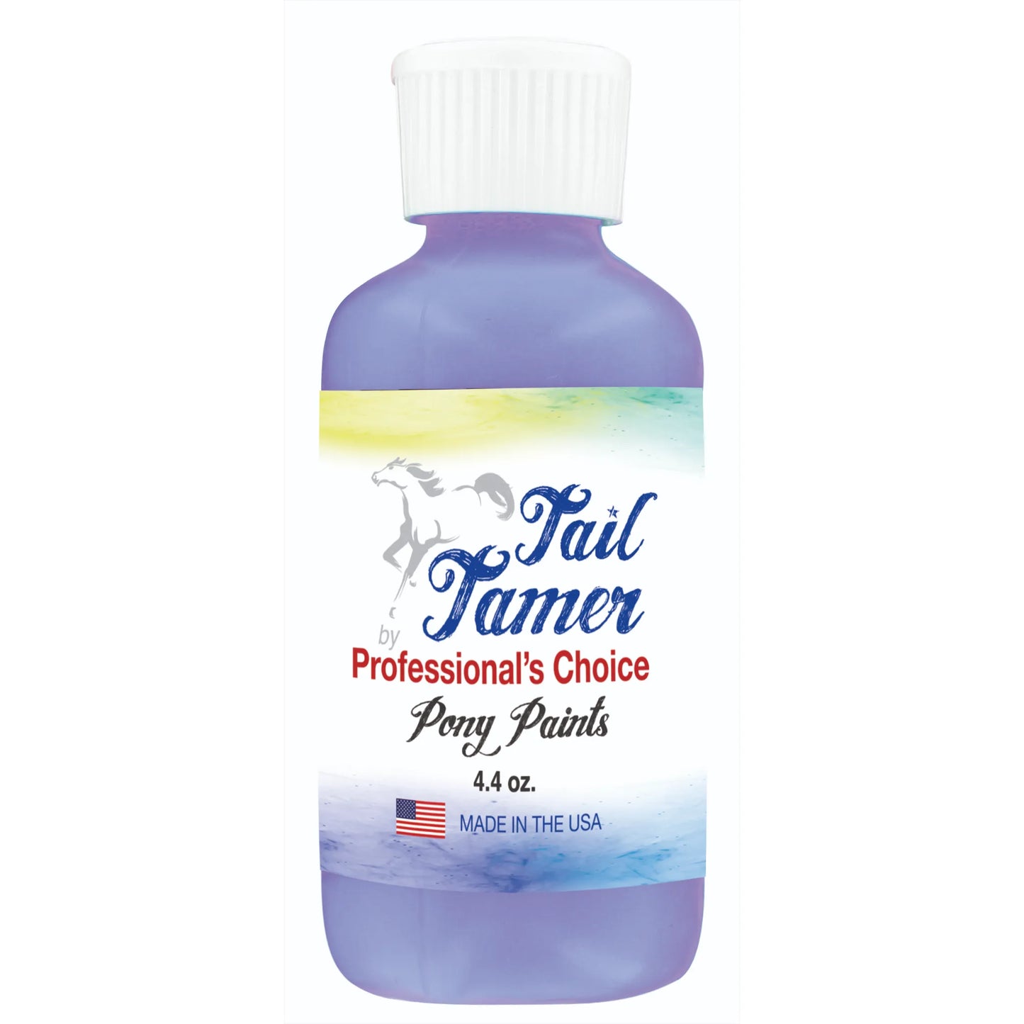 Tail Tamer by Professional's Choice Pony Paints in vibrant purple. This 4.4 oz bottle of temporary horse paint is perfect for creative equine grooming, parades, and costume classes. Made in the USA, this easy-to-apply purple paint allows you to safely decorate your horse's coat, mane, or tail. Unleash your pony's creativity with this fun, high-quality grooming accessory designed for equestrian enthusiasts and youth riders.