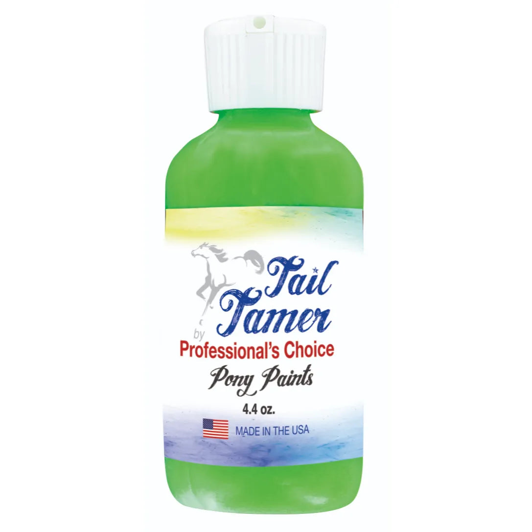 Tail Tamer by Professional’s Choice Pony Paints in a vibrant neon green 4.4 oz bottle. Perfect for creative equestrian grooming, pony parties, and horse shows, this easy-to-use horse paint allows you to safely decorate your pony’s coat. Made in the USA with a convenient flip-top cap, it’s a must-have for fun equestrian events. Unleash your pony's creativity and stand out in the ring with this high-quality, professional horse coloring product.