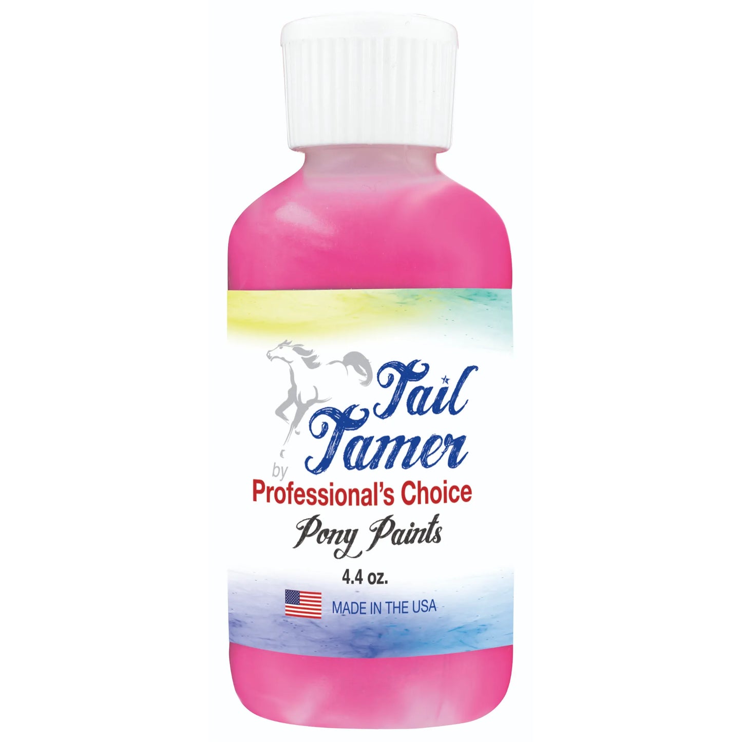 Tail Tamer by Professional's Choice Pony Paints in a vibrant pink hue. This 4.4 oz bottle of safe horse hair paint is perfect for creative grooming, parades, or pony parties. The clear bottle features a white ribbed cap and a watercolor-style label with a jumping horse silhouette. Made in the USA, this high-quality equine paint allows you to safely add fun designs and bright fuchsia color to your horse’s coat, mane, or tail for a unique, stand-out look.