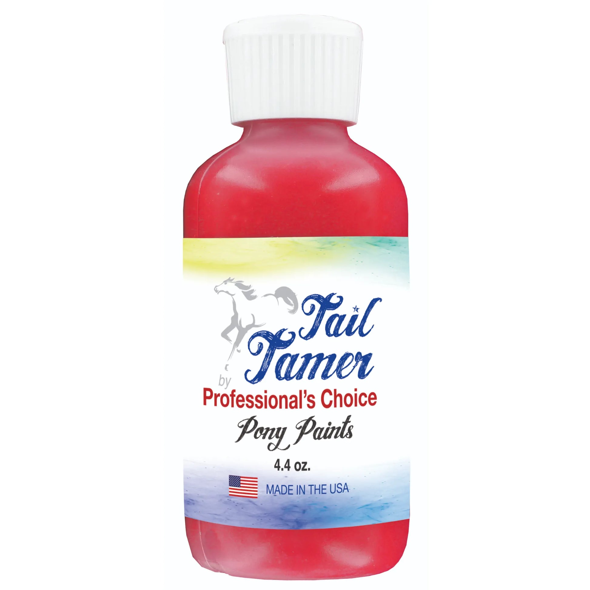 Tail Tamer by Professional’s Choice Pony Paints in a 4.4 oz bottle of vibrant red. This creative equestrian grooming paint is perfect for adding color to your horse's coat for parades, shows, or fun photoshoots. The bottle features a white ribbed cap and "Made in the USA" labeling with a galloping horse logo. Safe and fun, these pony paints allow you to express your creativity and make your horse stand out with bold, eye-catching color.