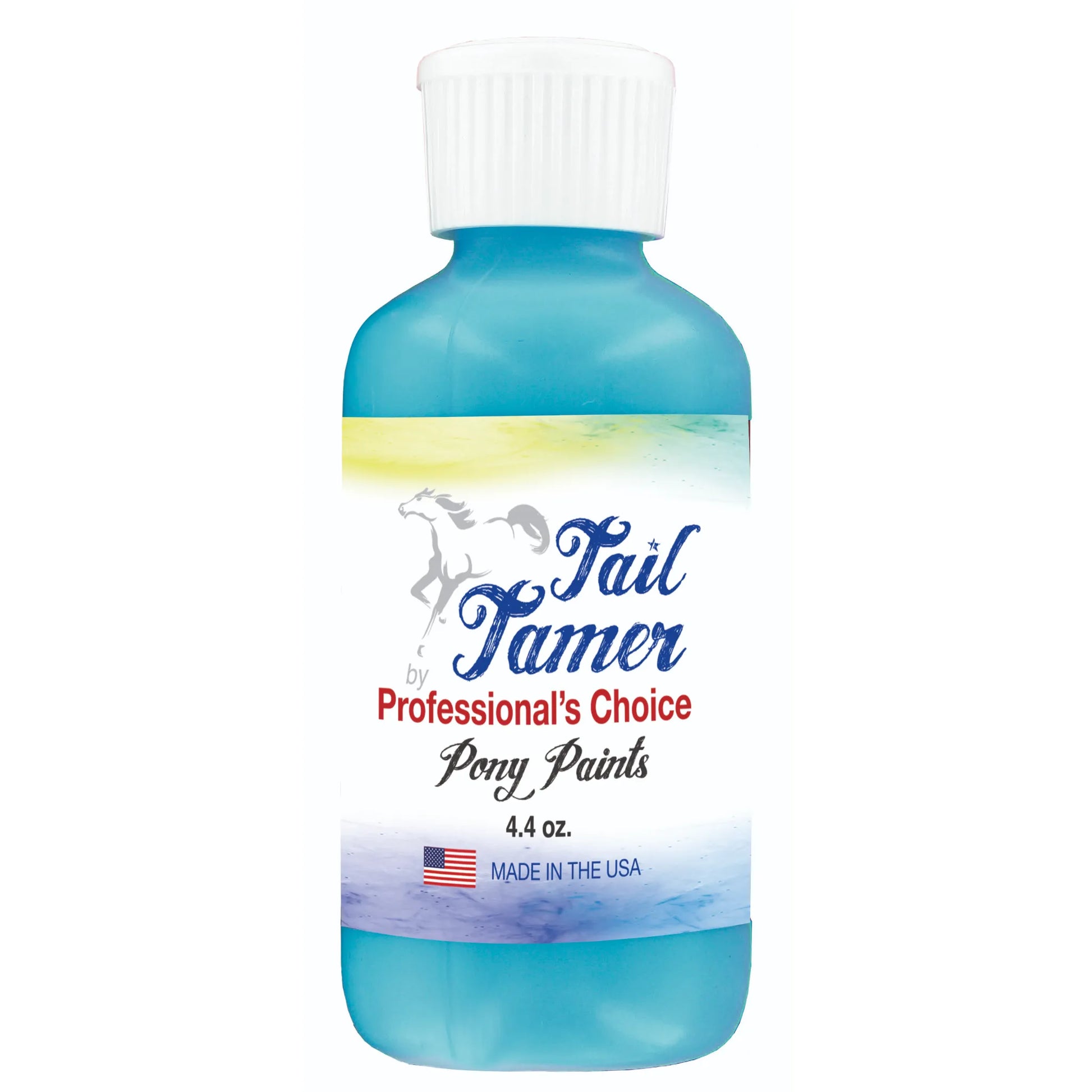 Tail Tamer by Professional's Choice Pony Paints in vibrant teal, 4.4 oz. This creative equine grooming paint is perfect for horse shows, parades, and costumes. The clear bottle shows the bright blue-green liquid, topped with a white cap. Made in the USA, this non-toxic pony paint allows equestrians to safely add a splash of color to their horse’s coat. An essential accessory for artistic grooming enthusiasts looking to unleash their pony's creativity and stand out.
