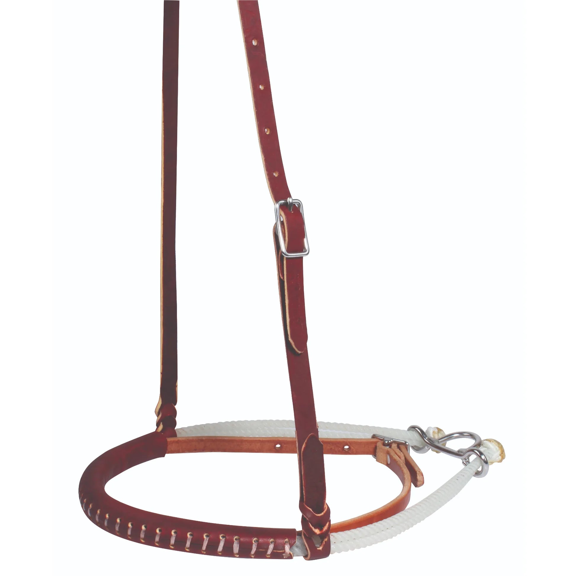 Professionals Choice Professional's Laced Double Rope Caveson 8708 featuring rich burgundy leather straps and adjustable stainless steel hardware. This premium western training noseband showcases a double white rope design with a decorative laced leather cover for enhanced control. A high-quality piece of horse tack, this durable caveson offers a professional look and reliable performance for equestrians focused on training and refinement.