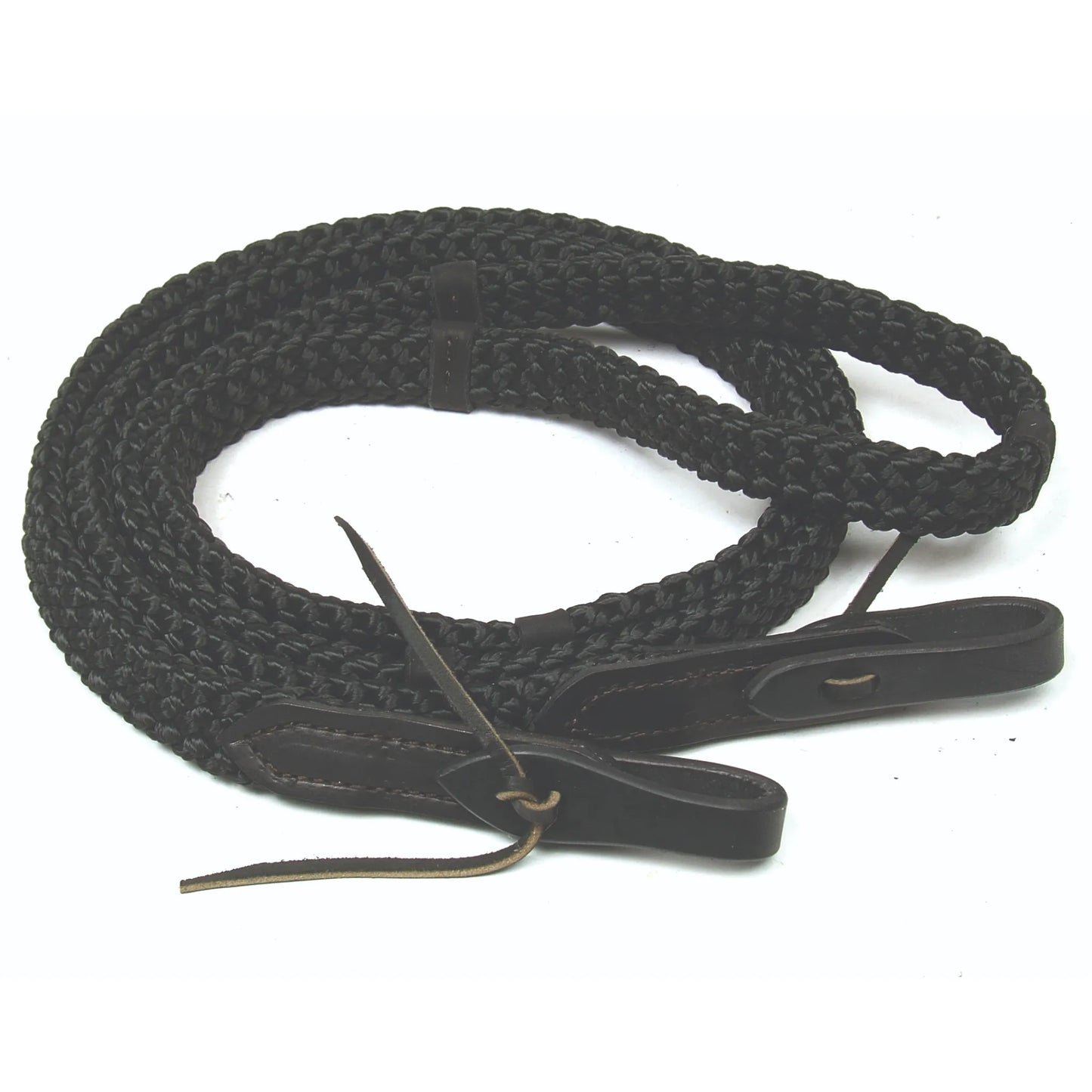 Black Professionals Choice Quiet Control Single Rein featuring a thick braided texture for superior grip and a soft feel. This high-quality western roping rein includes premium dark leather water loops with secure lace ties for easy attachment to any horse bit. Durable equestrian gear designed for precise communication and comfort during trail riding or training. A must-have piece of horse tack for western riders seeking a steady, quiet connection.