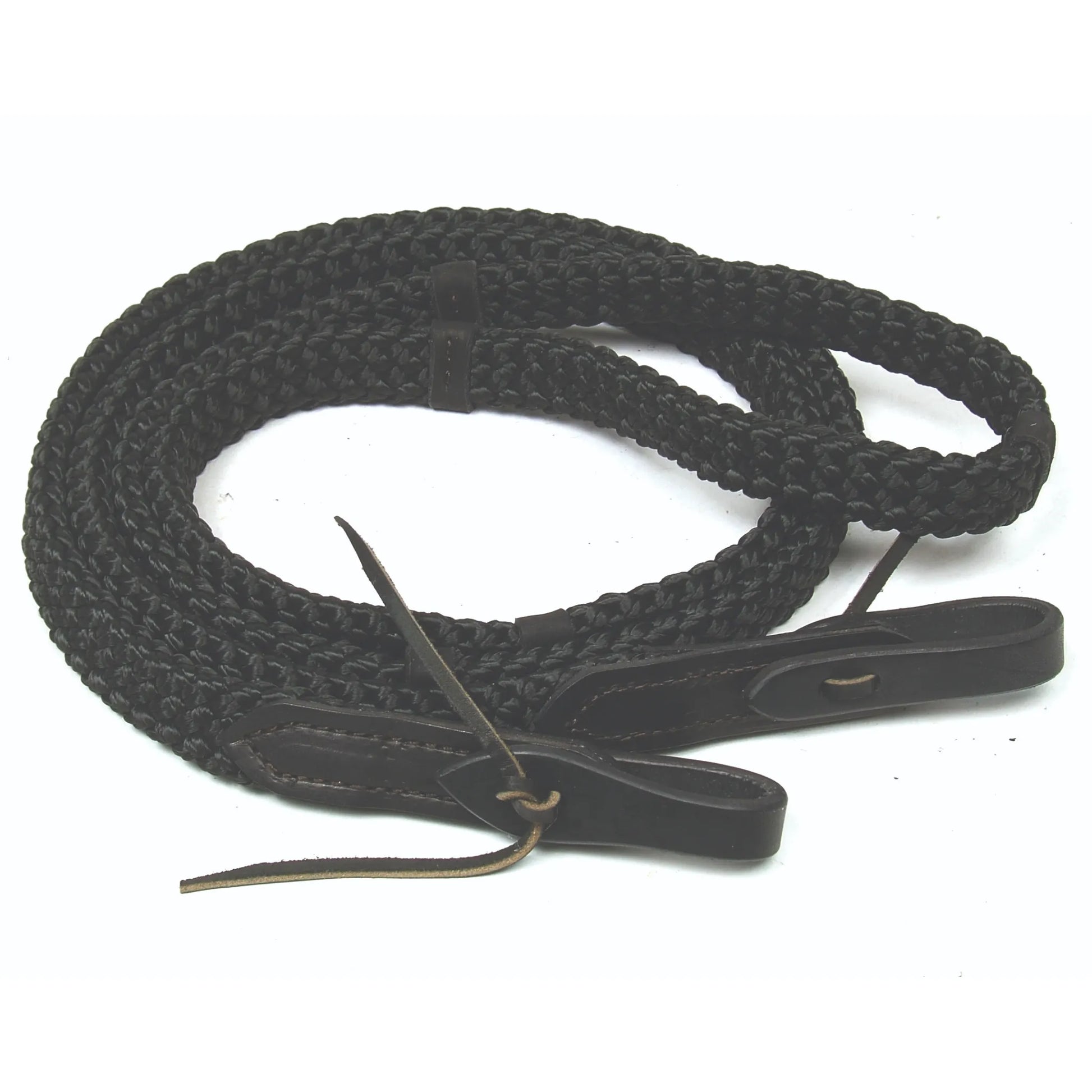 Black Professionals Choice Quiet Control Single Rein featuring a thick braided texture for superior grip and a soft feel. This high-quality western roping rein includes premium dark leather water loops with secure lace ties for easy attachment to any horse bit. Durable equestrian gear designed for precise communication and comfort during trail riding or training. A must-have piece of horse tack for western riders seeking a steady, quiet connection.