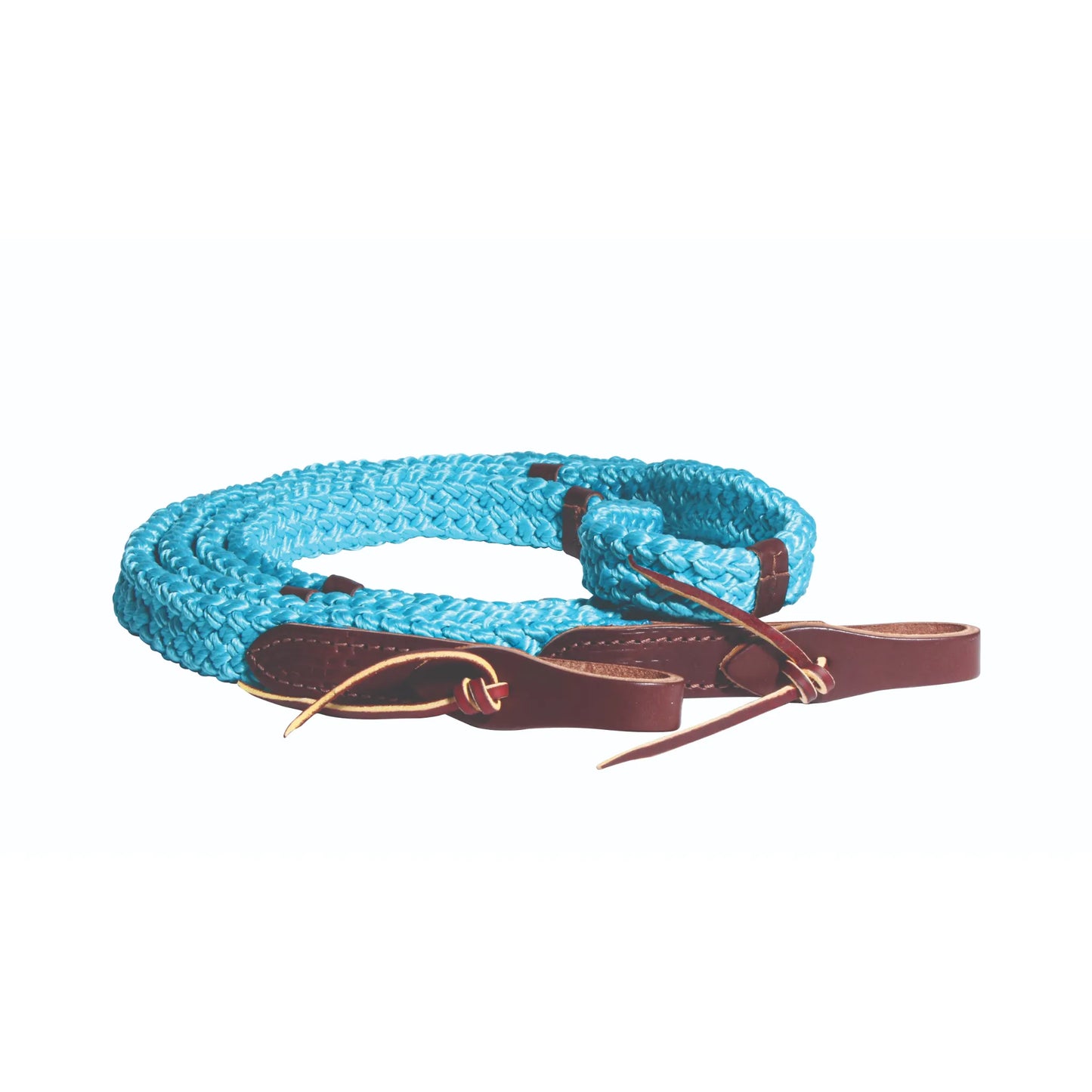Professional's Choice Quiet Control Single Rein in vibrant turquoise. This high-quality western horse rein features a soft, braided rope construction for a comfortable grip and dark brown leather water loops with tie strings for secure bit attachment. Perfect for barrel racing, trail riding, or training, it offers superior feel and precise communication. Durable and stylish horse tack designed to enhance your riding performance and add a pop of color to your bridle.