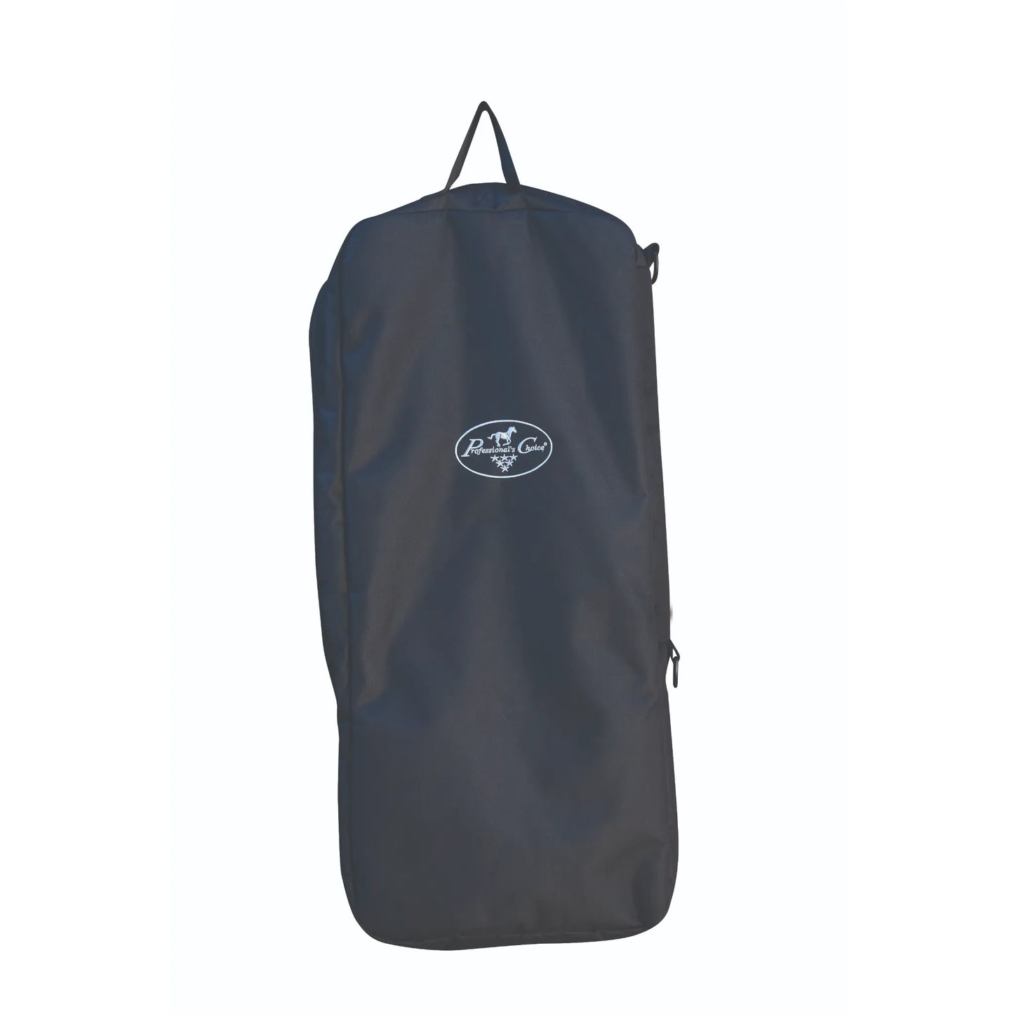 Professional's Choice Quilted Bridle Bag in sleek black, designed for secure and organized equestrian tack storage. This durable horse bridle bag features a top hanging strap, a full-length side zipper for easy access, and the iconic white Professional's Choice logo. Perfect for protecting your expensive bridles in the trailer or tack room. High-quality equestrian gear for the organized rider.