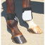 Professional's Choice Rear Ankle Boots in black, featuring a durable white strike pad for high-impact fetlock protection. Shown on a horse's rear legs, these one-size protective boots offer a secure, contoured fit to prevent interference injuries. Ideal for daily schooling or performance, these high-quality neoprene horse boots provide essential support and safety for equestrian athletes.