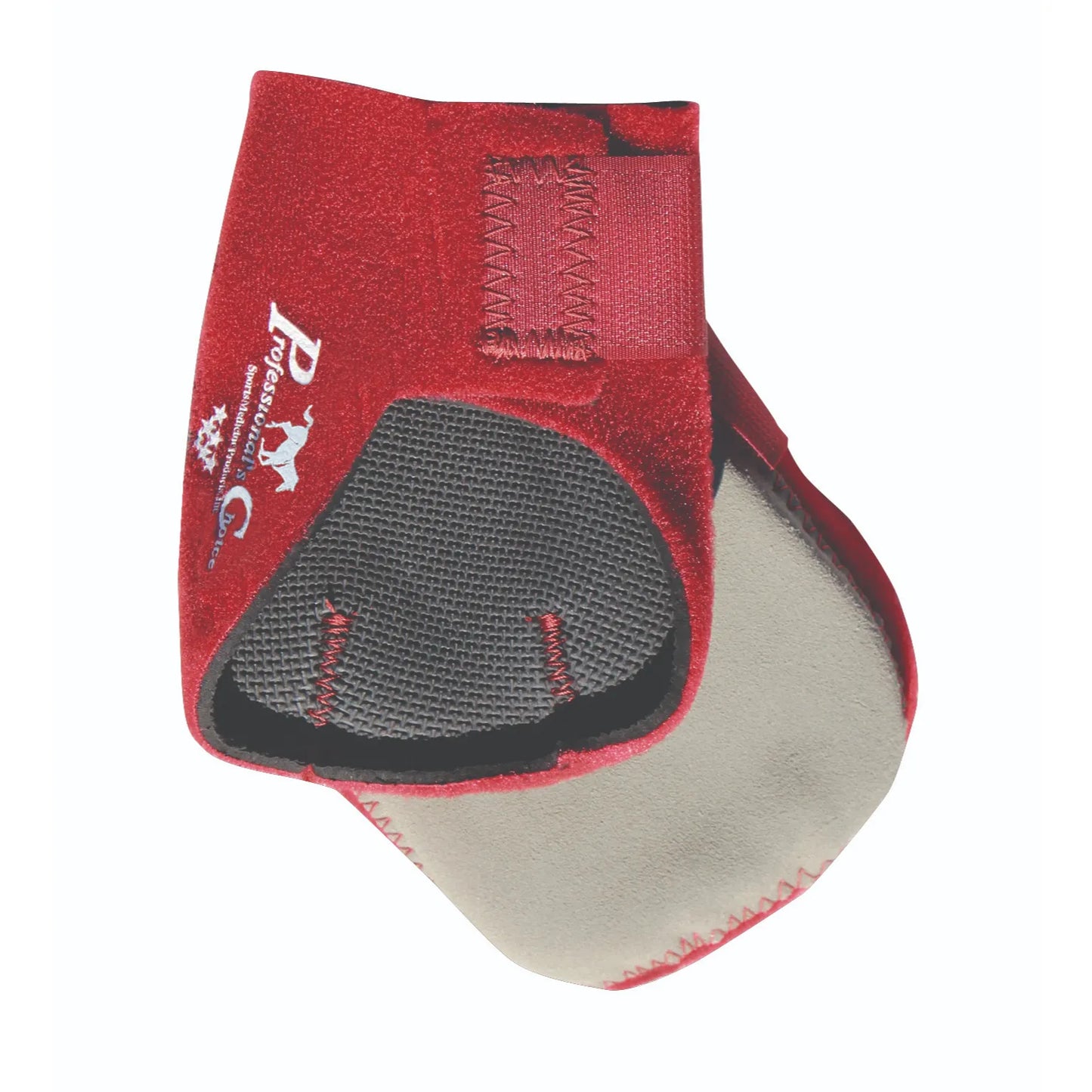 Professional's Choice Rear Ankle Boot-One Size in vibrant red, offering superior horse fetlock protection. This durable equestrian boot features a reinforced dark grey textured strike pad, white brand logo, and a secure hook-and-loop strap closure. The soft grey interior lining ensures comfort during rides. High-quality horse leg protection gear perfect for training, performance, and keeping your horse safe in style.