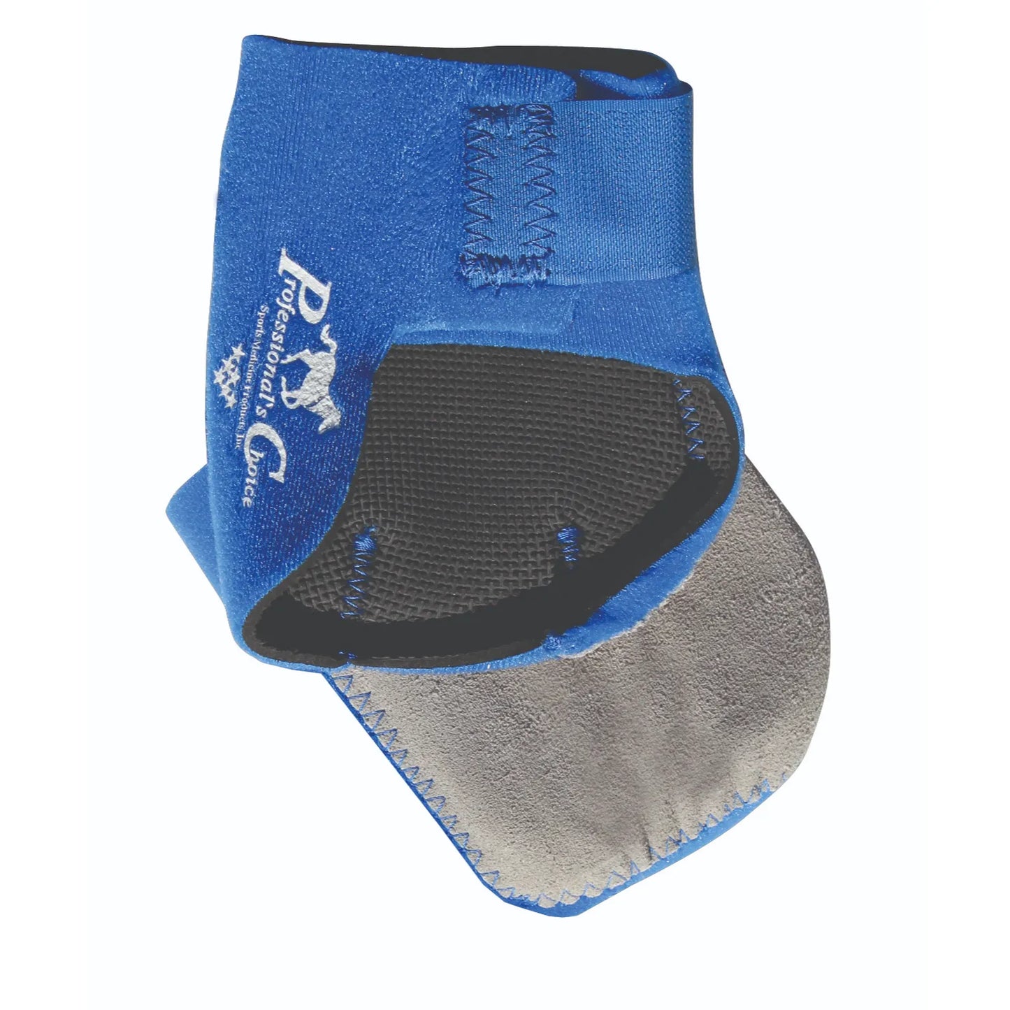 Professional's Choice Rear Ankle Boot in royal blue, providing essential fetlock protection for horses. This durable equestrian boot features a neoprene exterior, breathable black mesh lining, and a reinforced grey strike patch for impact resistance. Designed with a secure Velcro strap for an adjustable one-size-fits-all fit, it is perfect for schooling, jumping, and everyday horse leg protection.