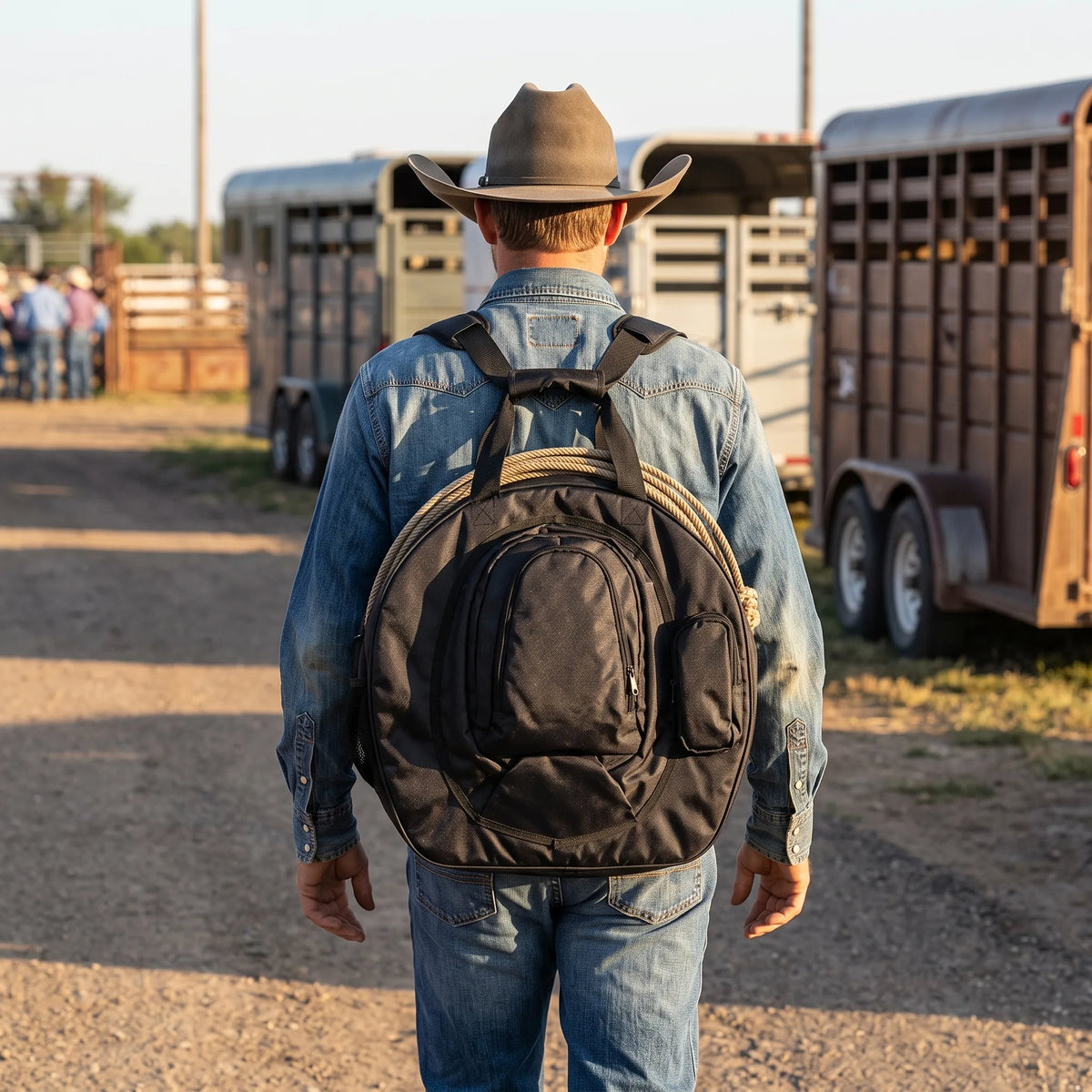 Professional's Choice Rope Bag Backpack worn hands-free at the rodeo grounds