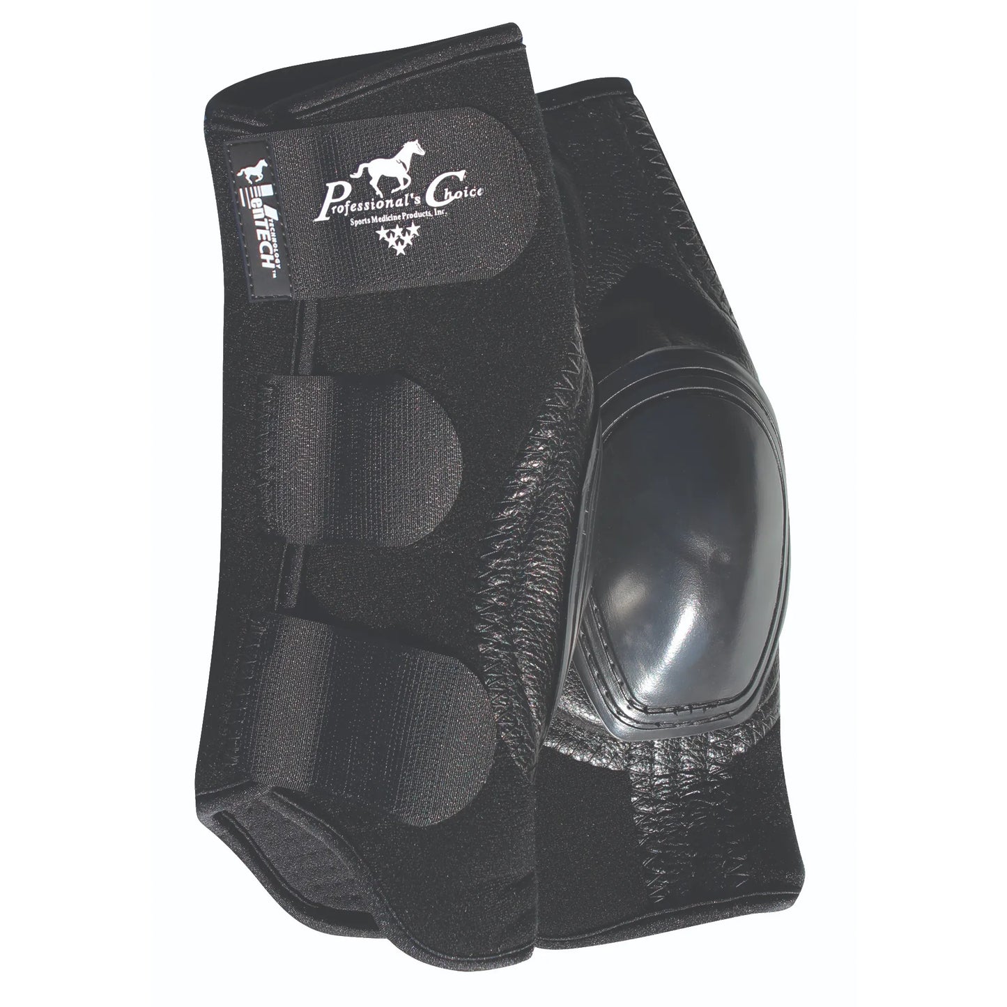 Professional's Choice Short VenTECH Skid Boots in black, designed for elite horse leg protection during reining and performance maneuvers. These durable equestrian boots feature breathable VenTECH neoprene, secure hook-and-loop straps, and a reinforced leather exterior. The integrated high-impact plastic cup provides essential fetlock protection for sliding stops. Ideal for competitive western riders looking for professional-grade horse gear and sports medicine products.