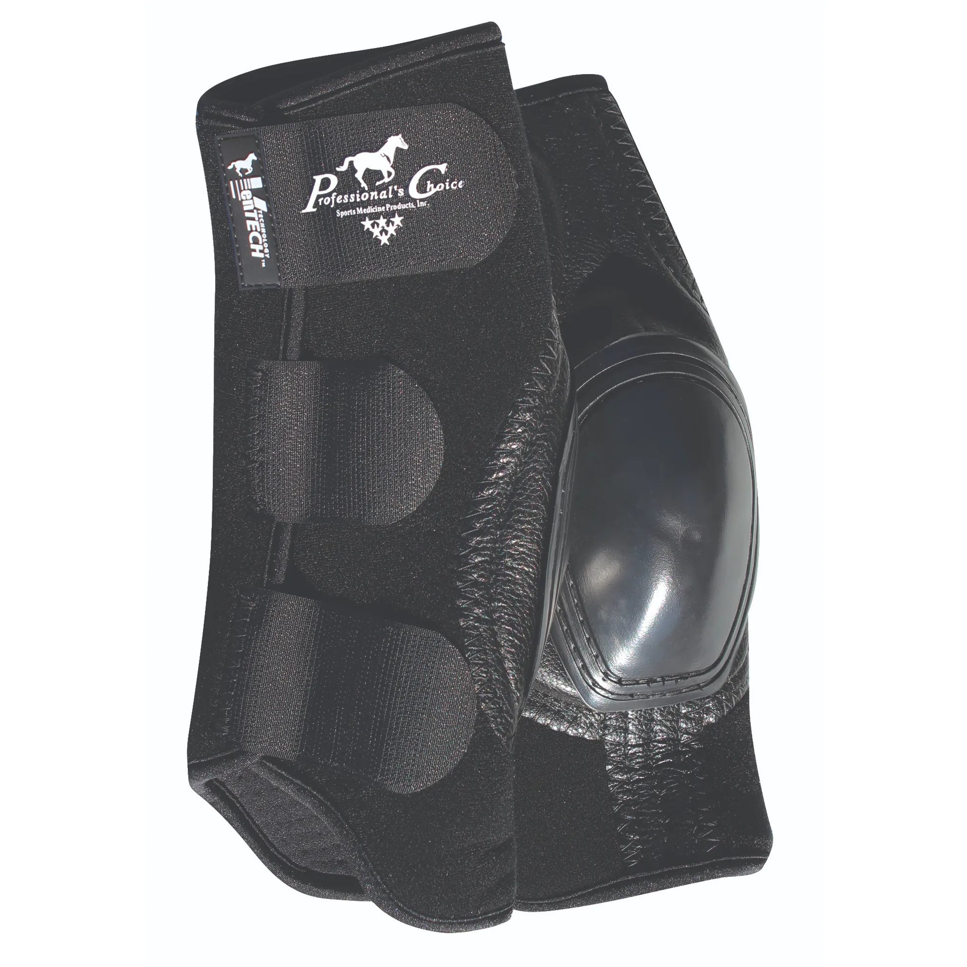 Professional's Choice Short VenTECH Skid Boots in black, designed for elite horse leg protection during reining and performance maneuvers. These durable equestrian boots feature breathable VenTECH neoprene, secure hook-and-loop straps, and a reinforced leather exterior. The integrated high-impact plastic cup provides essential fetlock protection for sliding stops. Ideal for competitive western riders looking for professional-grade horse gear and sports medicine products.