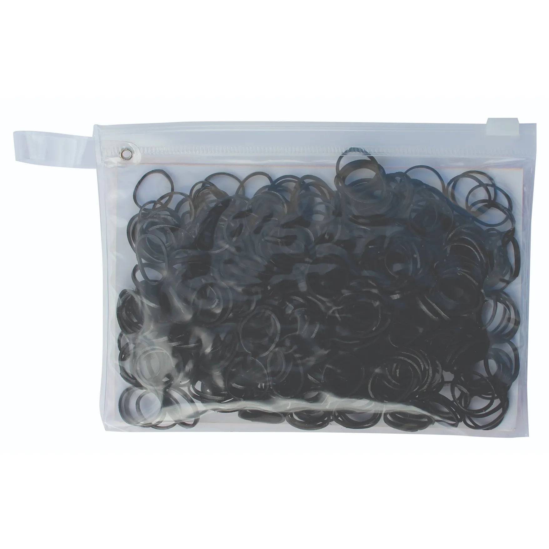 Professionals Choice Slick Bands in black. This clear resealable zipper pouch contains high-quality, durable elastic braiding bands ideal for equestrian grooming, mane braiding, and professional hair styling. These snag-free black hair ties come in a portable, reusable plastic bag with a hanging loop for easy organization and quick access during horse shows, competitions, or daily hair prep.