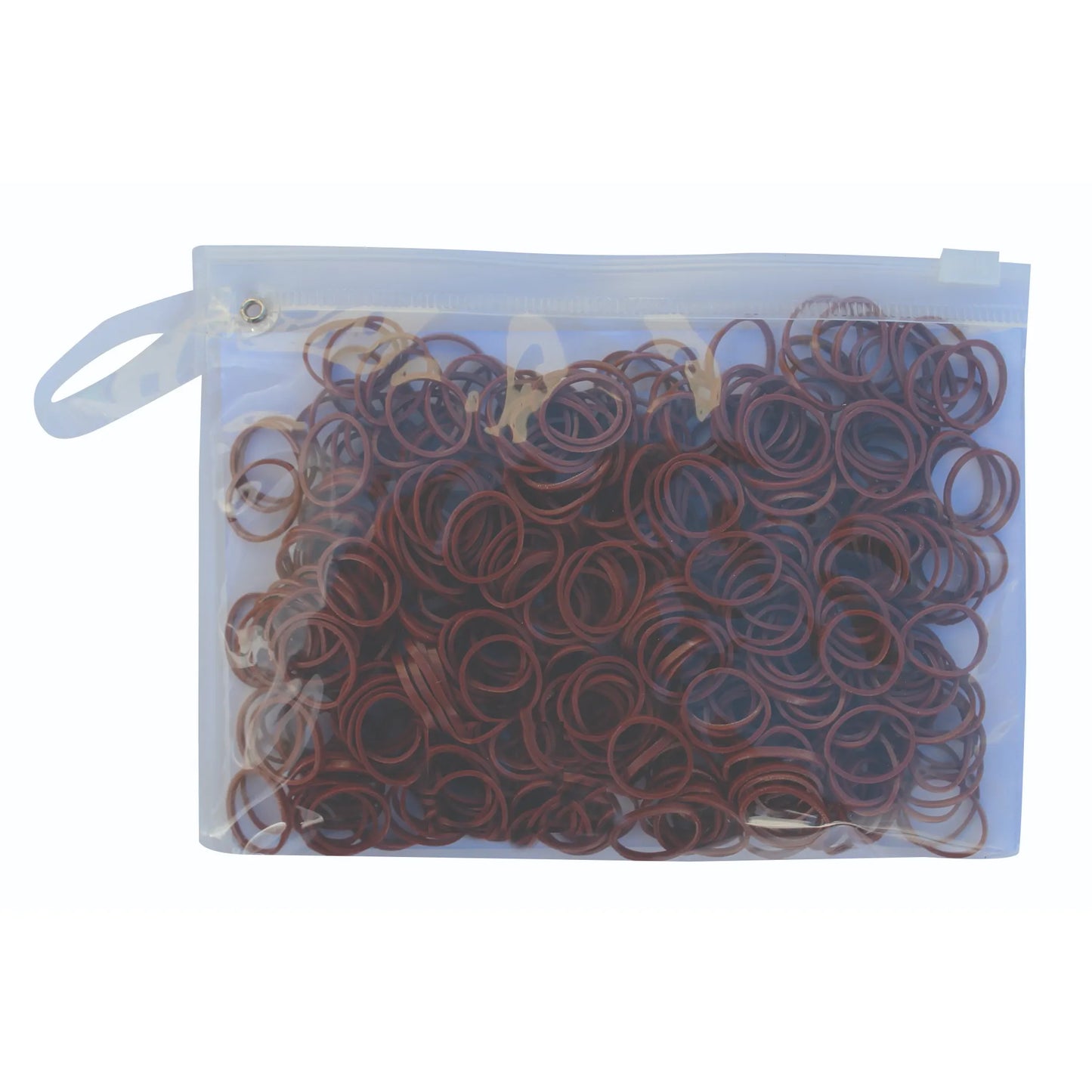 Professional's Choice Slick Bands in chocolate brown, designed for horse mane and tail braiding. This bulk pack of durable equestrian rubber bands is housed in a clear, frosted zip-top storage bag with a white sliding closure and carrying loop. High-quality, non-snag bands perfect for professional horse show grooming and secure styling, blending seamlessly with dark hair for a polished look.