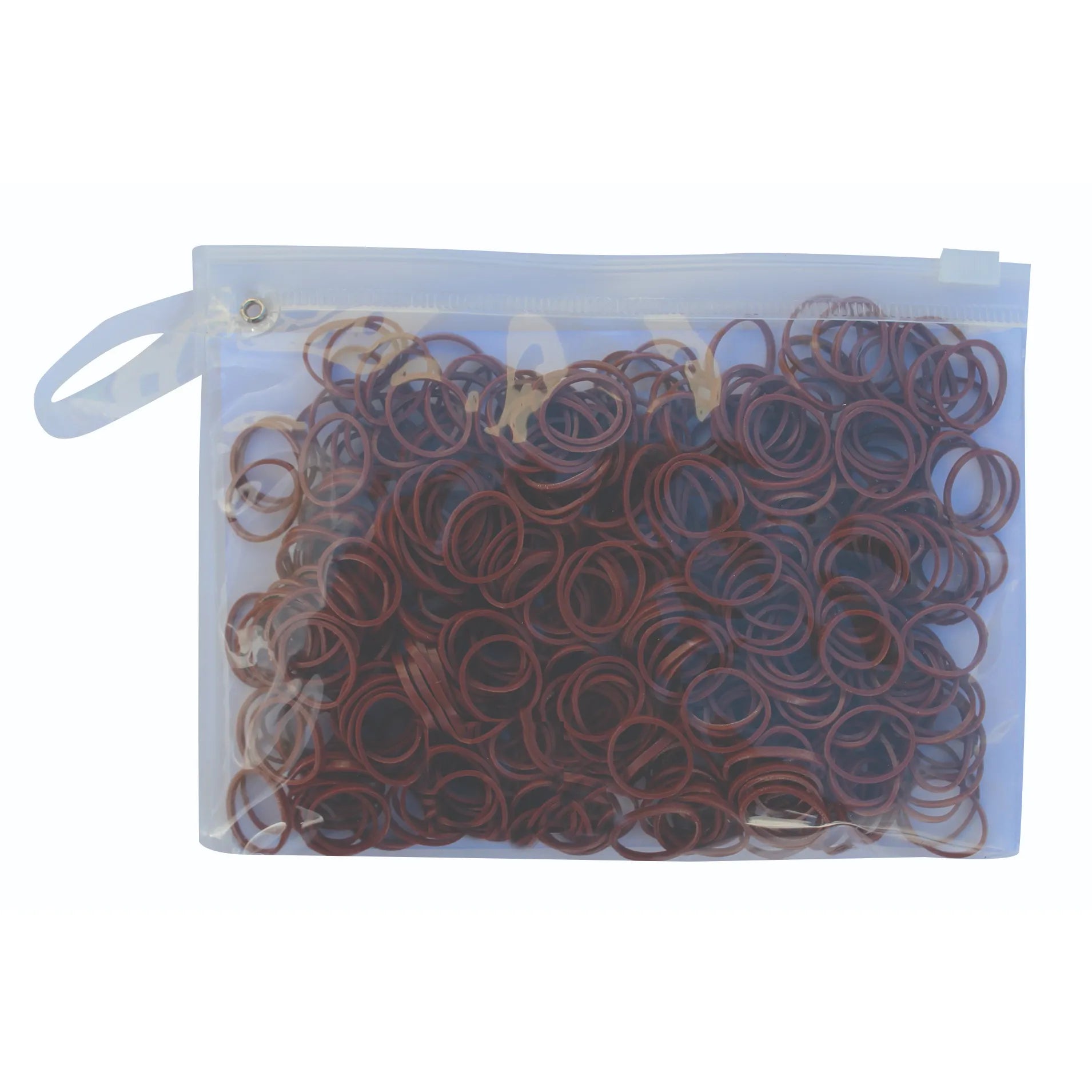 Professional's Choice Slick Bands in chocolate brown, designed for horse mane and tail braiding. This bulk pack of durable equestrian rubber bands is housed in a clear, frosted zip-top storage bag with a white sliding closure and carrying loop. High-quality, non-snag bands perfect for professional horse show grooming and secure styling, blending seamlessly with dark hair for a polished look.