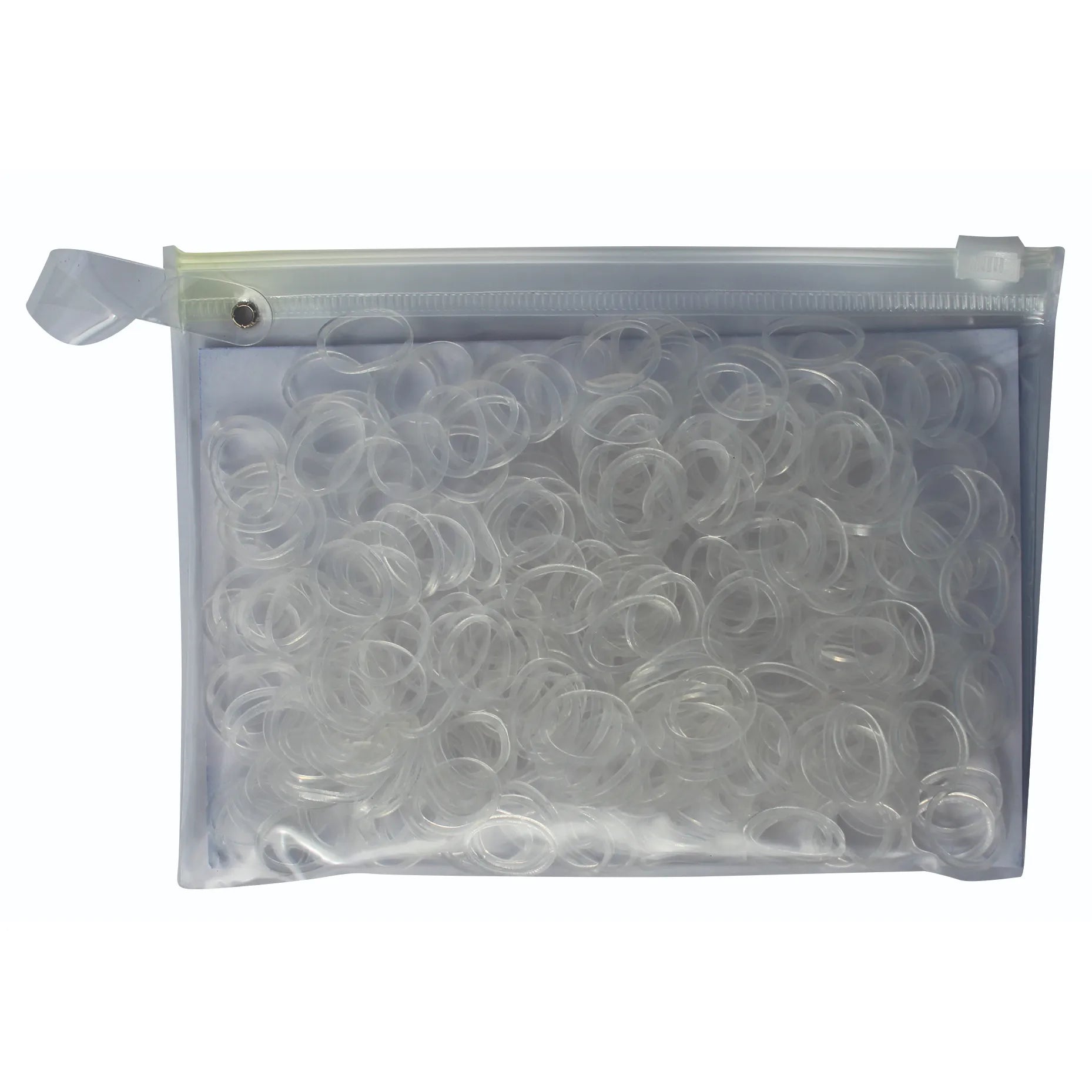 Professionals Choice Slick Bands in a clear, reusable zipper pouch. These small, transparent elastic hair bands are high-quality and non-snag, perfect for horse mane and tail braiding, equestrian show preparation, or everyday hair styling. The durable plastic bag includes a convenient hanging loop, making it an essential addition to any grooming kit or professional hair accessory collection. Clear elastics for a seamless, professional finish.
