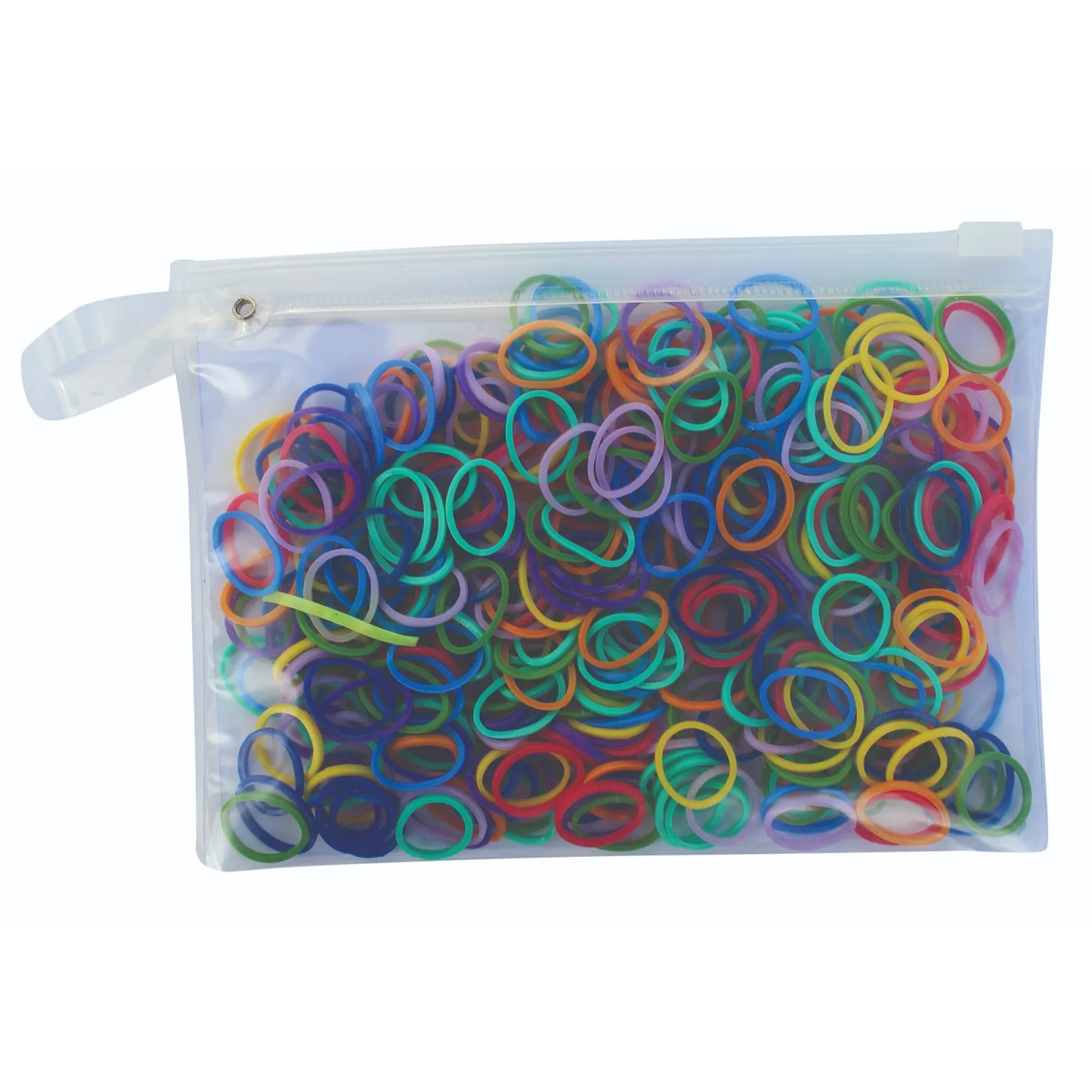 Professional Choice Slick Bands, a colorful assortment of small braiding elastics in a clear zippered storage pouch. Featuring vibrant hues like blue, green, yellow, and red, these durable rubber bands are perfect for horse mane and tail braiding, pet grooming, or hair styling. High-quality, non-snagging hair ties designed for professional use and organized in a reusable plastic bag.