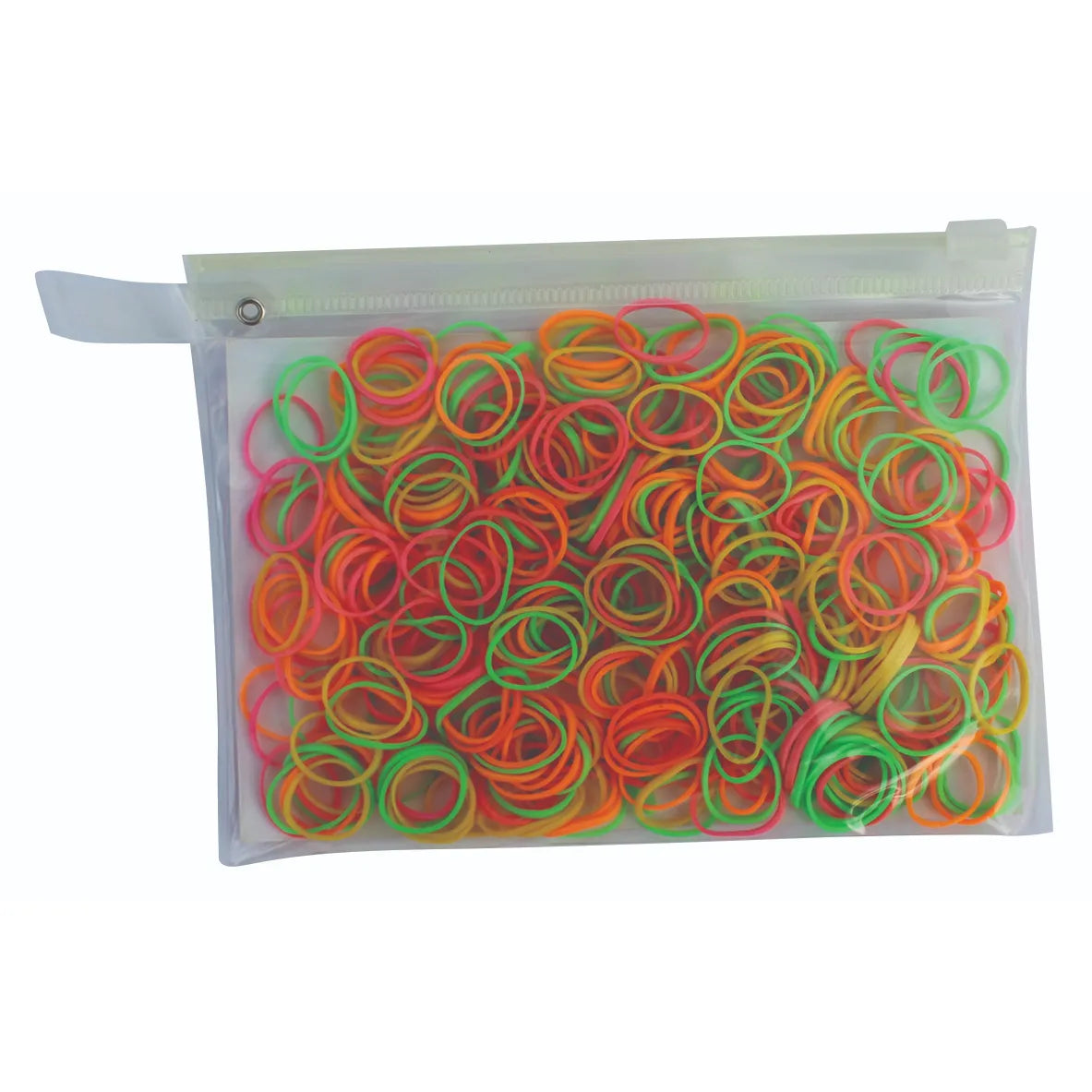 Professionals Choice Slick Bands in a clear reusable zipper pouch, featuring a vibrant mix of neon pink, orange, yellow, and green. These high-quality equestrian braiding bands are designed for a secure, snag-free hold on horse manes and tails. Durable and easy to use, these colorful rubber elastics are essential grooming supplies for horse show preparation and everyday styling.