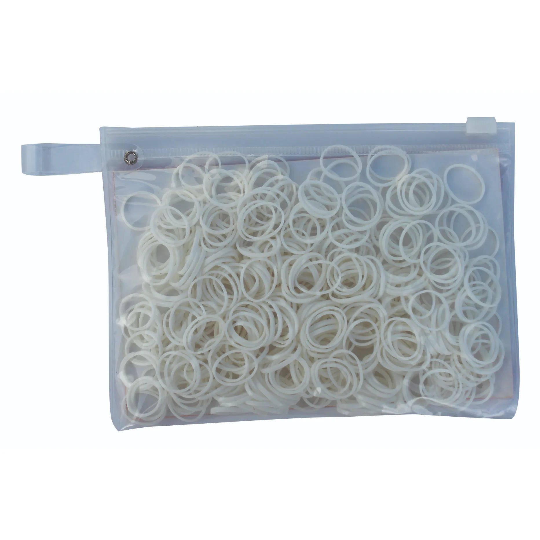 Professional's Choice Slick Bands white elastic horse braiding bands in a clear, resealable zippered pouch. These high-quality, durable rubber bands are ideal for horse mane and tail braiding, show grooming, and everyday equestrian styling. A must-have accessory for professional horse grooming kits and show preparation.