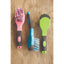 Professionals Choice Soft Touch Bucket Brushes in vibrant pink, blue, and green, displayed on a rustic wooden background. These equestrian grooming tools feature an ergonomic, non-slip grip handle and durable synthetic bristles specifically designed for heavy-duty cleaning of stable buckets and gear. A colorful and practical addition to any horse grooming kit or barn organization setup.
