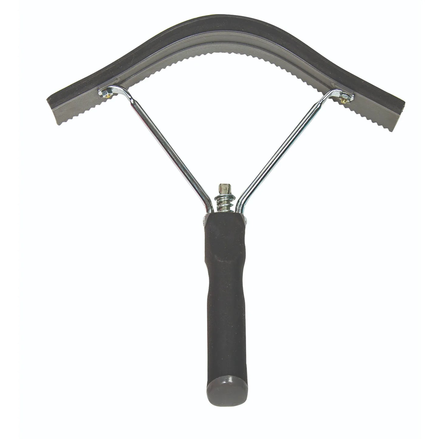 Professional's Choice Soft Touch Half Moon Scraper for horses, featuring a flexible black rubber blade with a serrated edge for effective sweat and water removal. Designed with a sturdy silver metal frame and a comfortable, ergonomic black handle, this essential grooming tool is perfect for post-bath or post-workout care. Ensure your horse stays clean and dry with this professional-grade half-moon sweat scraper.