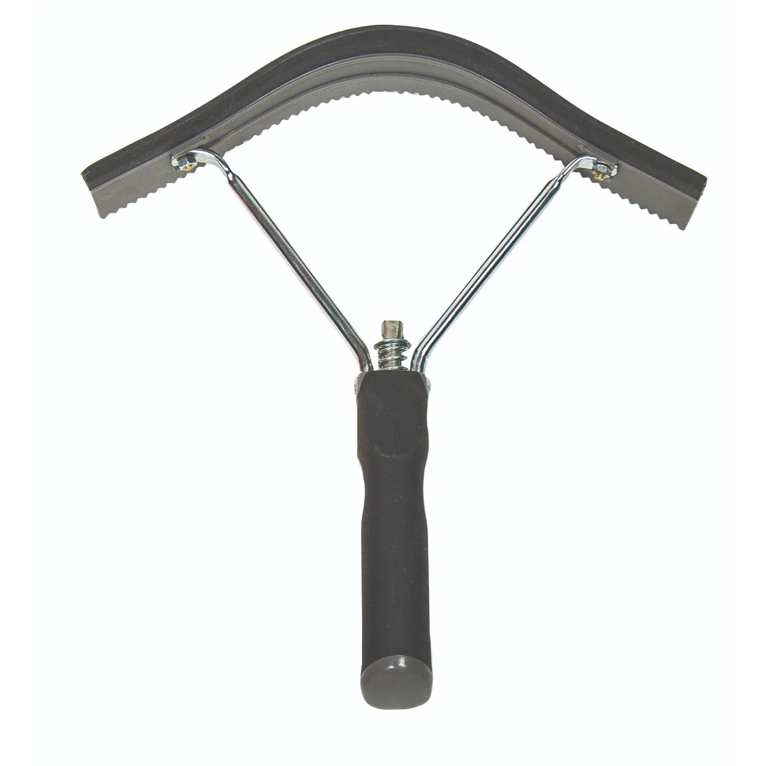 Professional's Choice Soft Touch Half Moon Scraper for horses, featuring a flexible black rubber blade with a serrated edge for effective sweat and water removal. Designed with a sturdy silver metal frame and a comfortable, ergonomic black handle, this essential grooming tool is perfect for post-bath or post-workout care. Ensure your horse stays clean and dry with this professional-grade half-moon sweat scraper.
