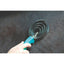 Professionals Choice Soft Touch Round Curry comb with a vibrant teal handle being used on a dark horse. This essential horse grooming tool features multiple concentric rings of serrated metal teeth designed for efficient shedding and removing mud. The ergonomic soft-grip handle provides comfort for daily equestrian care. A must-have horse brush for your grooming kit to keep coats healthy and clean.