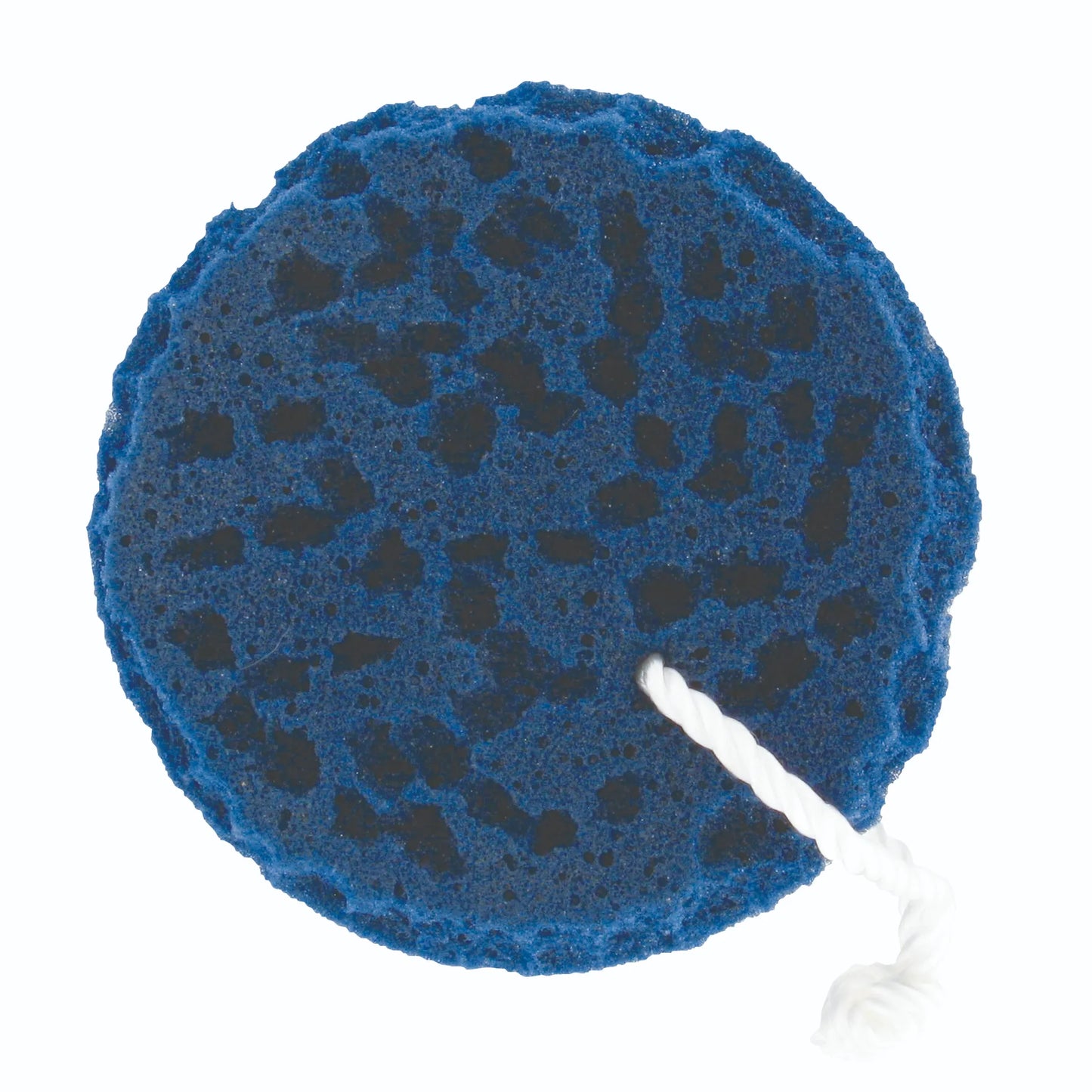 Professionals Choice Sponge On A Rope in a deep blue color. This round, highly absorbent horse grooming sponge features a porous texture for effective cleaning and a sturdy white twisted rope for easy hanging and drying in the wash rack. Ideal for equine bathing and stable maintenance.