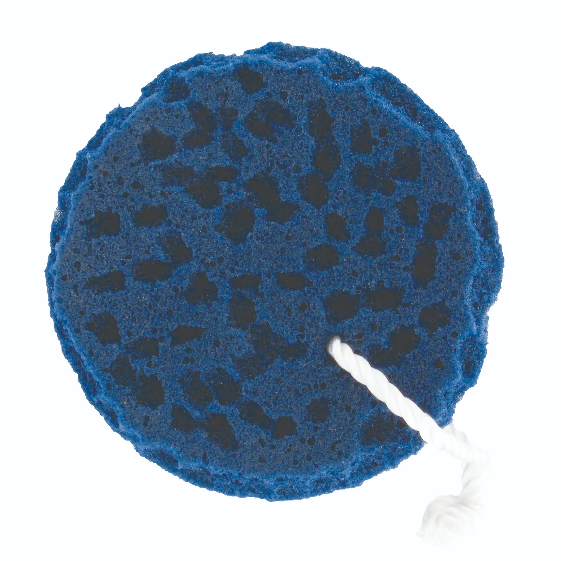 Professionals Choice Sponge On A Rope in a deep blue color. This round, highly absorbent horse grooming sponge features a porous texture for effective cleaning and a sturdy white twisted rope for easy hanging and drying in the wash rack. Ideal for equine bathing and stable maintenance.