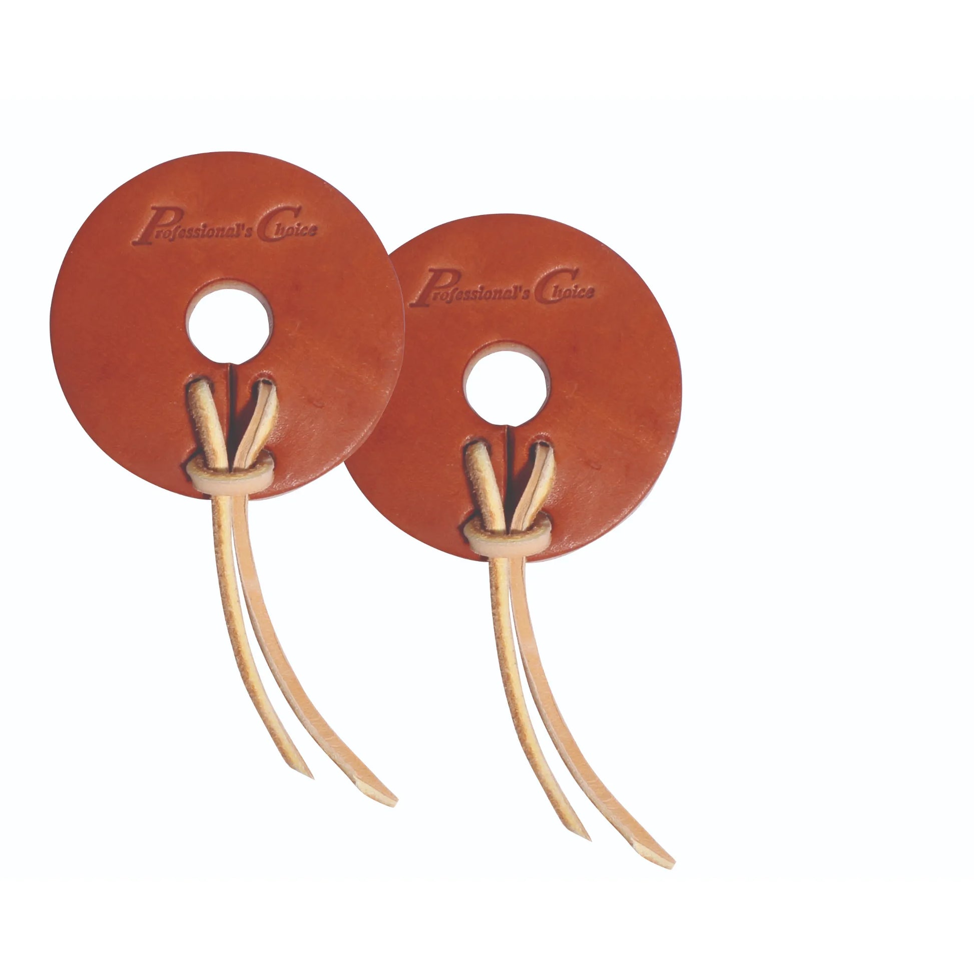 Professional's Choice Texas Leather Bit Guards in russet brown, designed for anti-rub protection and horse comfort. These circular leather bit guards feature a center hole and sturdy cream leather ties for easy attachment to horse bits. Ideal for preventing pinching and chafing, this high-quality horse tack is perfect for western riding enthusiasts looking for durable, functional, and stylish equestrian gear.