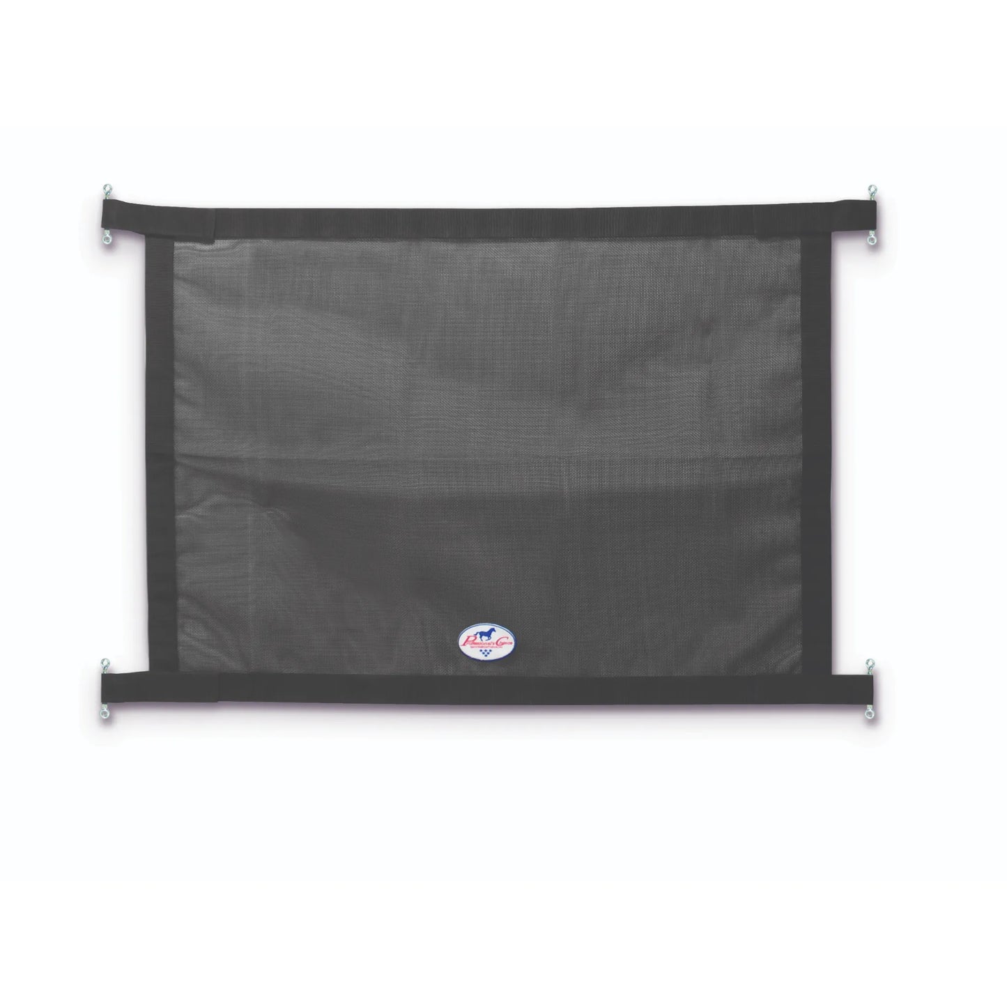 Professionals Choice black mesh trailer window screen featuring heavy-duty webbing and corner eyelets for secure mounting. This breathable horse trailer accessory helps keep your trailer cool and clean by filtering out dust and debris while maintaining airflow. Ideal for horse trailer ventilation and insect protection during transport. Professional's Choice logo is visible at the bottom center.