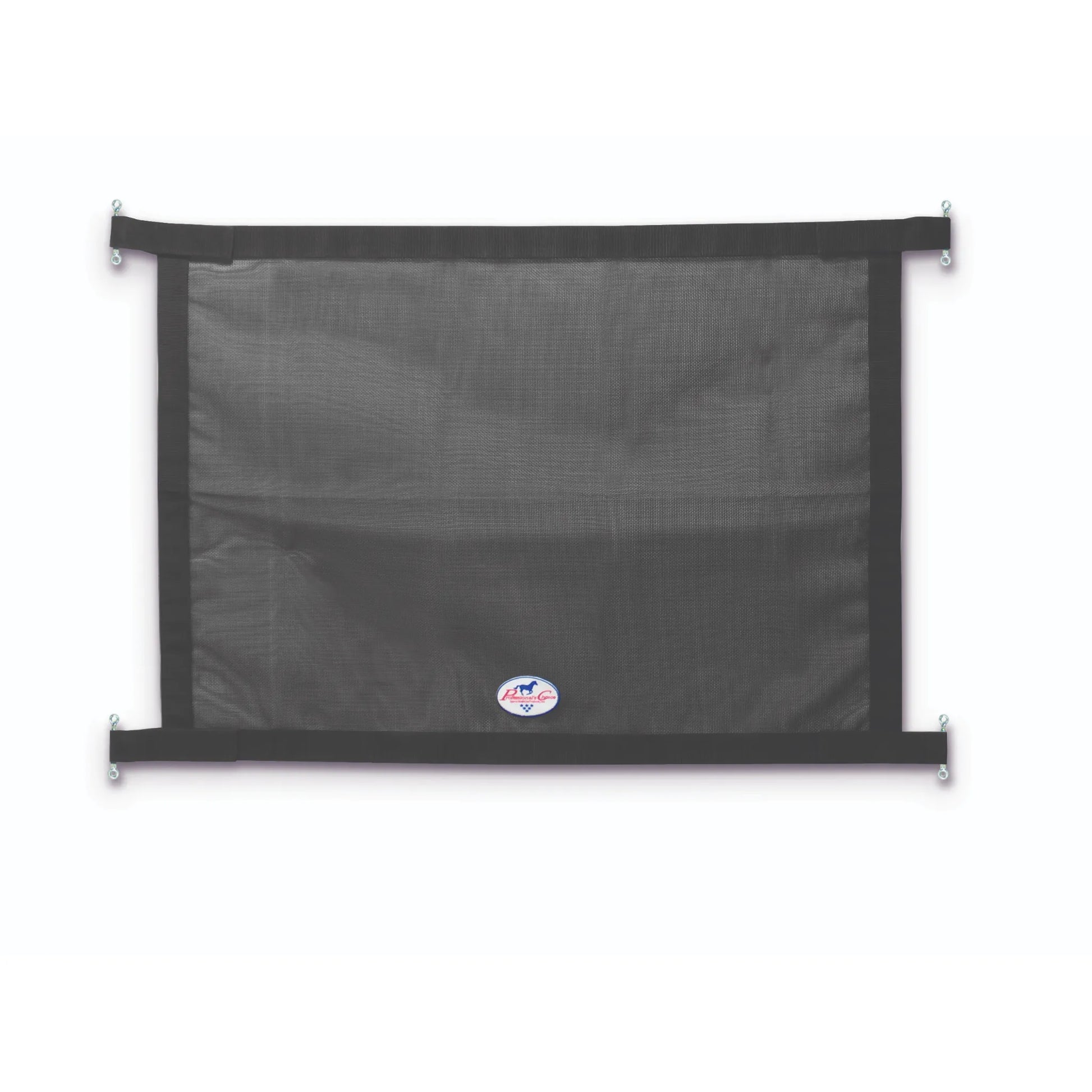 Professionals Choice black mesh trailer window screen featuring heavy-duty webbing and corner eyelets for secure mounting. This breathable horse trailer accessory helps keep your trailer cool and clean by filtering out dust and debris while maintaining airflow. Ideal for horse trailer ventilation and insect protection during transport. Professional's Choice logo is visible at the bottom center.