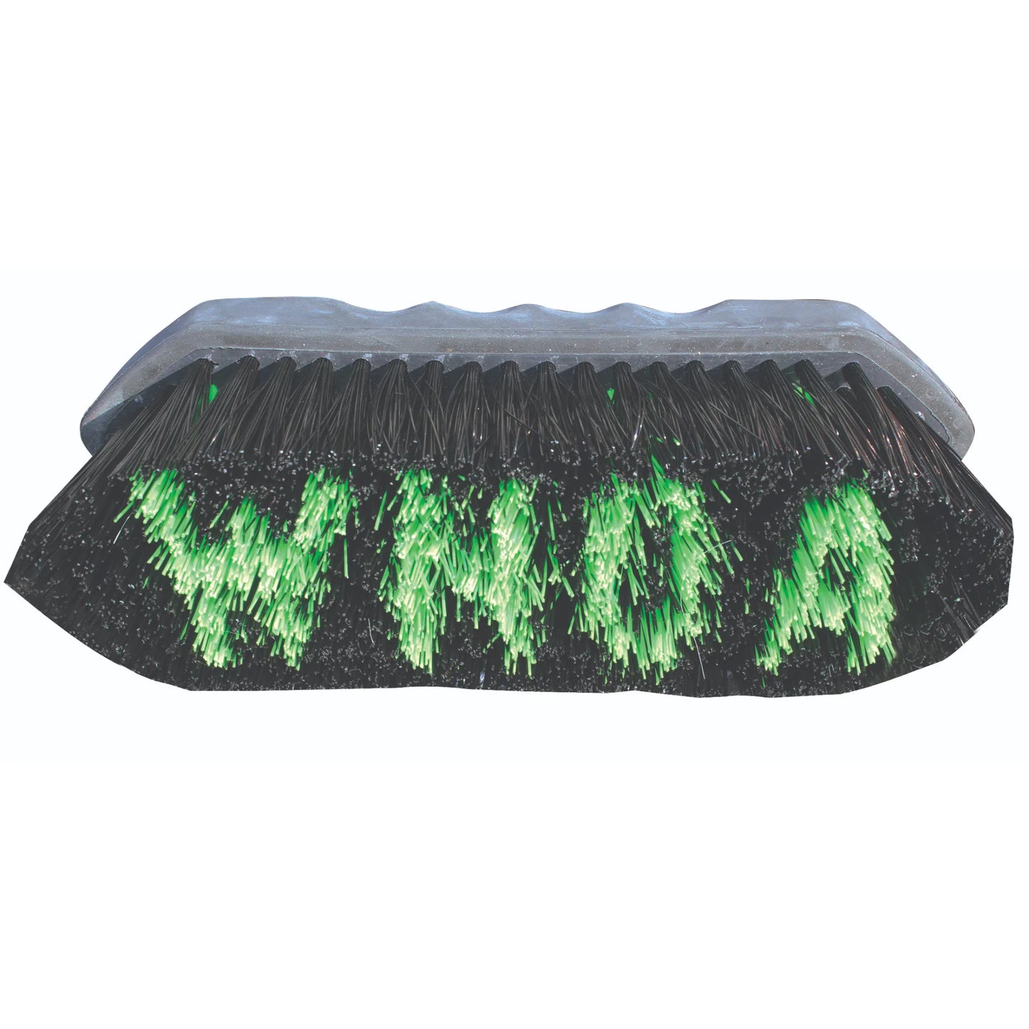 Professional’s Choice Whoa Brush for equestrian grooming. This stylish dandy brush features a contoured grey handle with finger grips for comfort and control. The dense black synthetic bristles are uniquely patterned with bright lime green bristles spelling out the word "WHOA." A fun and functional horse body brush for removing dirt and hair, perfect for any horse owner's tack box or grooming kit.
