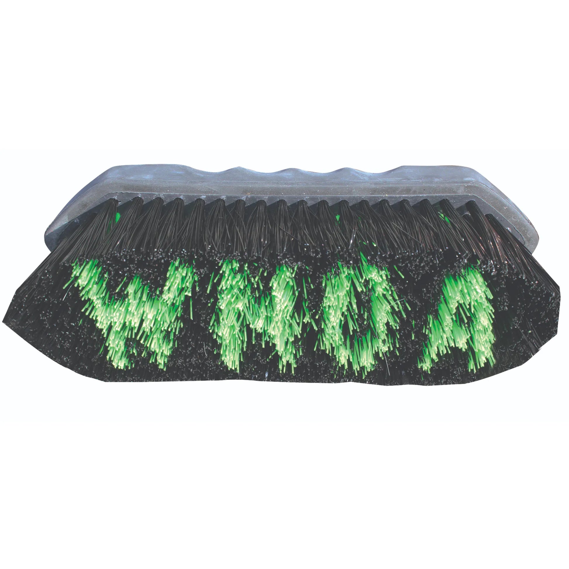 Professional’s Choice Whoa Brush for equestrian grooming. This stylish dandy brush features a contoured grey handle with finger grips for comfort and control. The dense black synthetic bristles are uniquely patterned with bright lime green bristles spelling out the word "WHOA." A fun and functional horse body brush for removing dirt and hair, perfect for any horse owner's tack box or grooming kit.