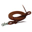 Handcrafted ProTack russet leather reins for horse riders, featuring a rich reddish-brown finish. This high-quality equestrian tack includes a durable silver-toned metal snap hook and classic latigo lace tie ends. Ideal for western riding and training, these premium leather reins offer a professional look and reliable performance for any horse and rider.