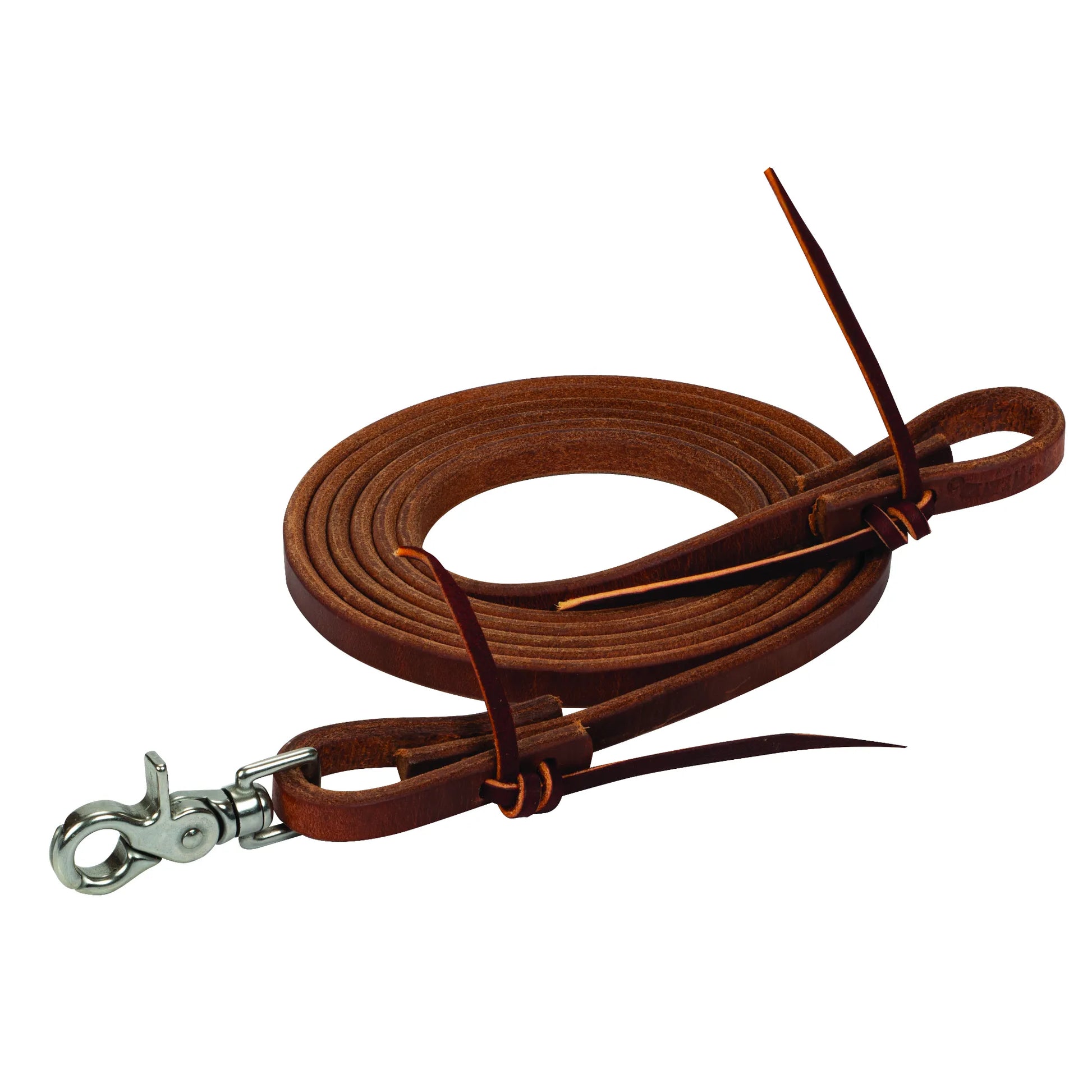ProTack Russet Leather Reins for equestrian use, featuring a rich reddish-brown handcrafted leather design. These durable horse reins are coiled with a sturdy silver snap hook for secure attachment and classic leather tie ends. Ideal for western horse riding, trail riding, and professional training, offering superior quality and a classic look for any saddle setup.