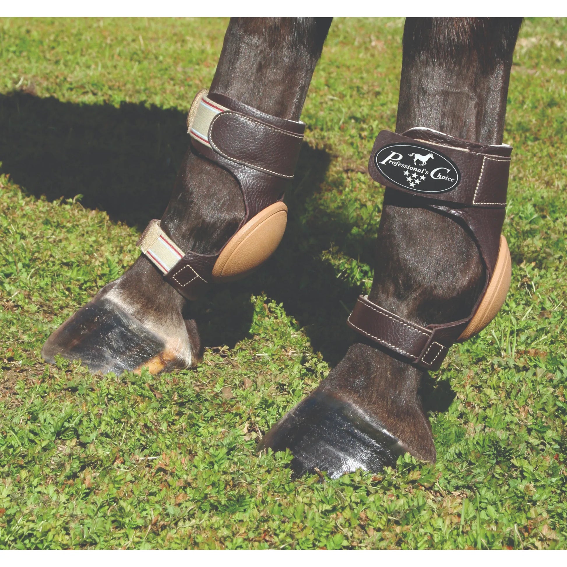 Professional's Choice Leather Skid Boots in rich brown, designed for ultimate fetlock protection during sliding stops. These performance horse boots feature durable leather construction with tan padded strike plates and secure adjustable straps. Shown on a horse's hind legs, these protective boots are essential for reining and western performance. High-quality equine gear for training and competition to keep your horse safe and stylish.